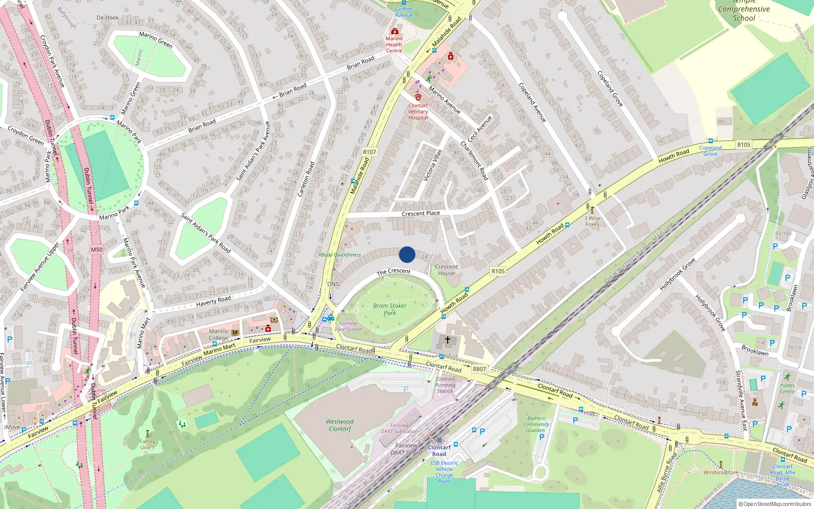 Overhead map showing the location of 20 Marino Crescent, Clontarf, Dublin 3
