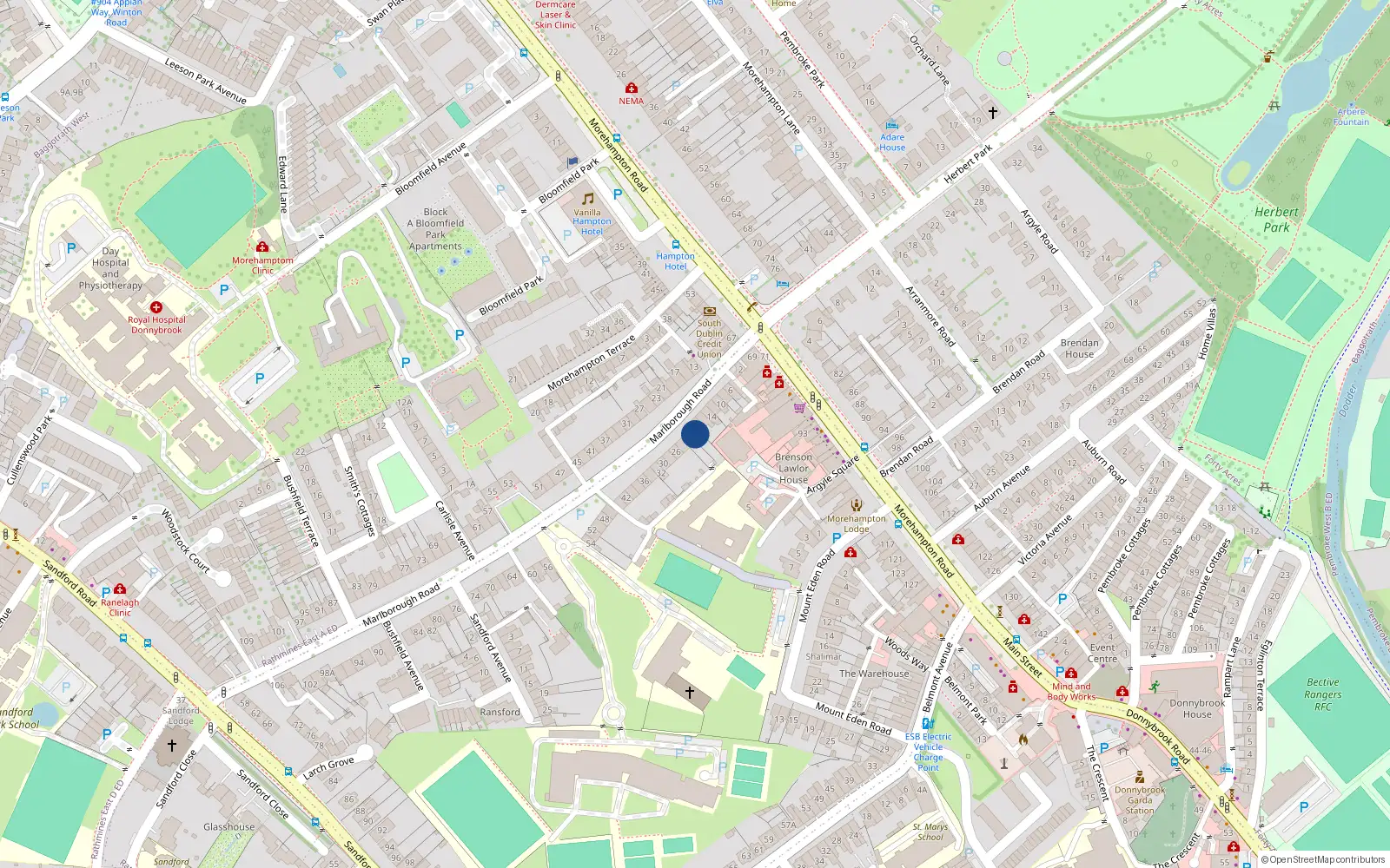 Overhead map showing the location of 20 Marlborough Road, Donnybrook