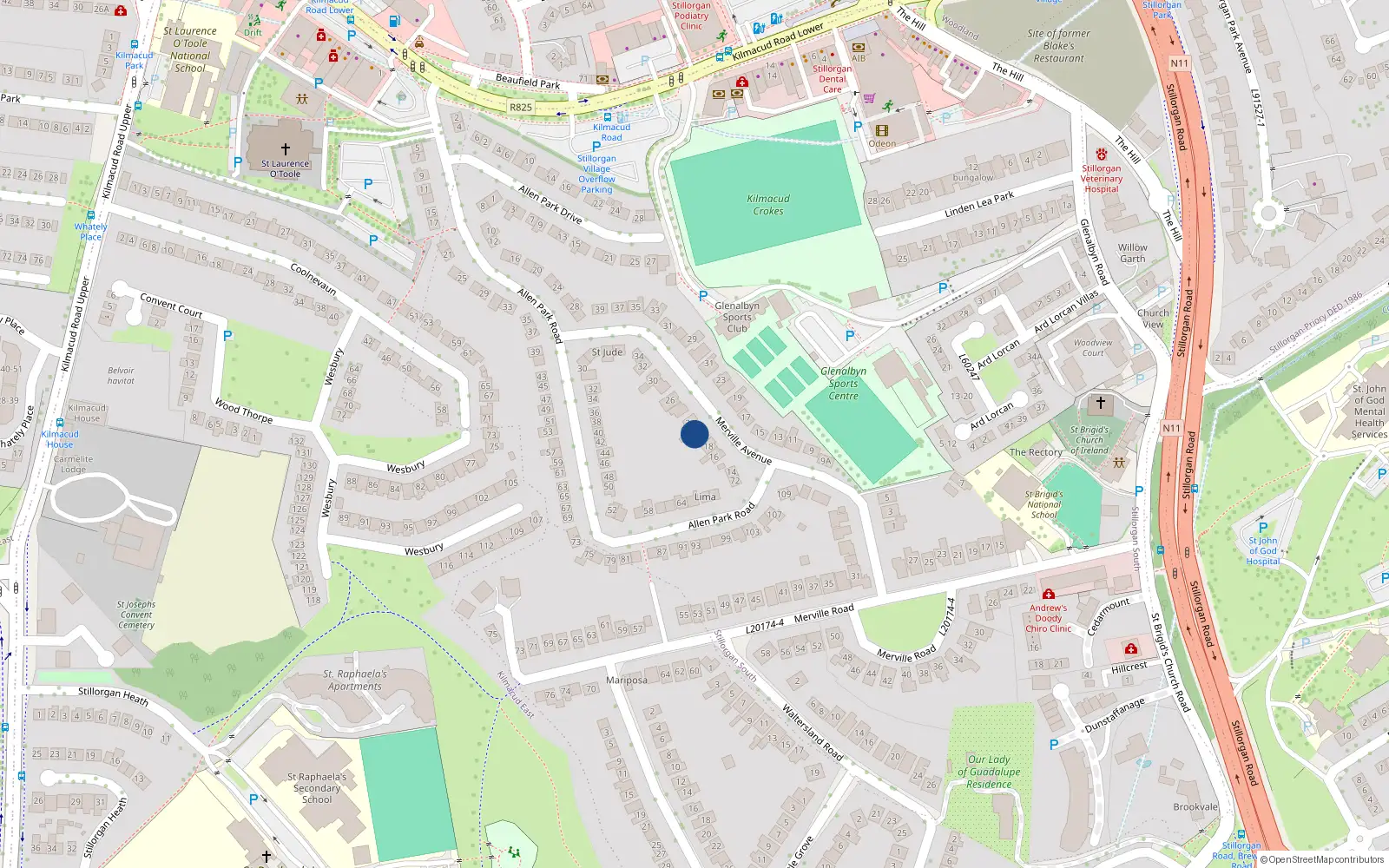 Overhead map showing the location of 20 Merville Avenue, Dublin