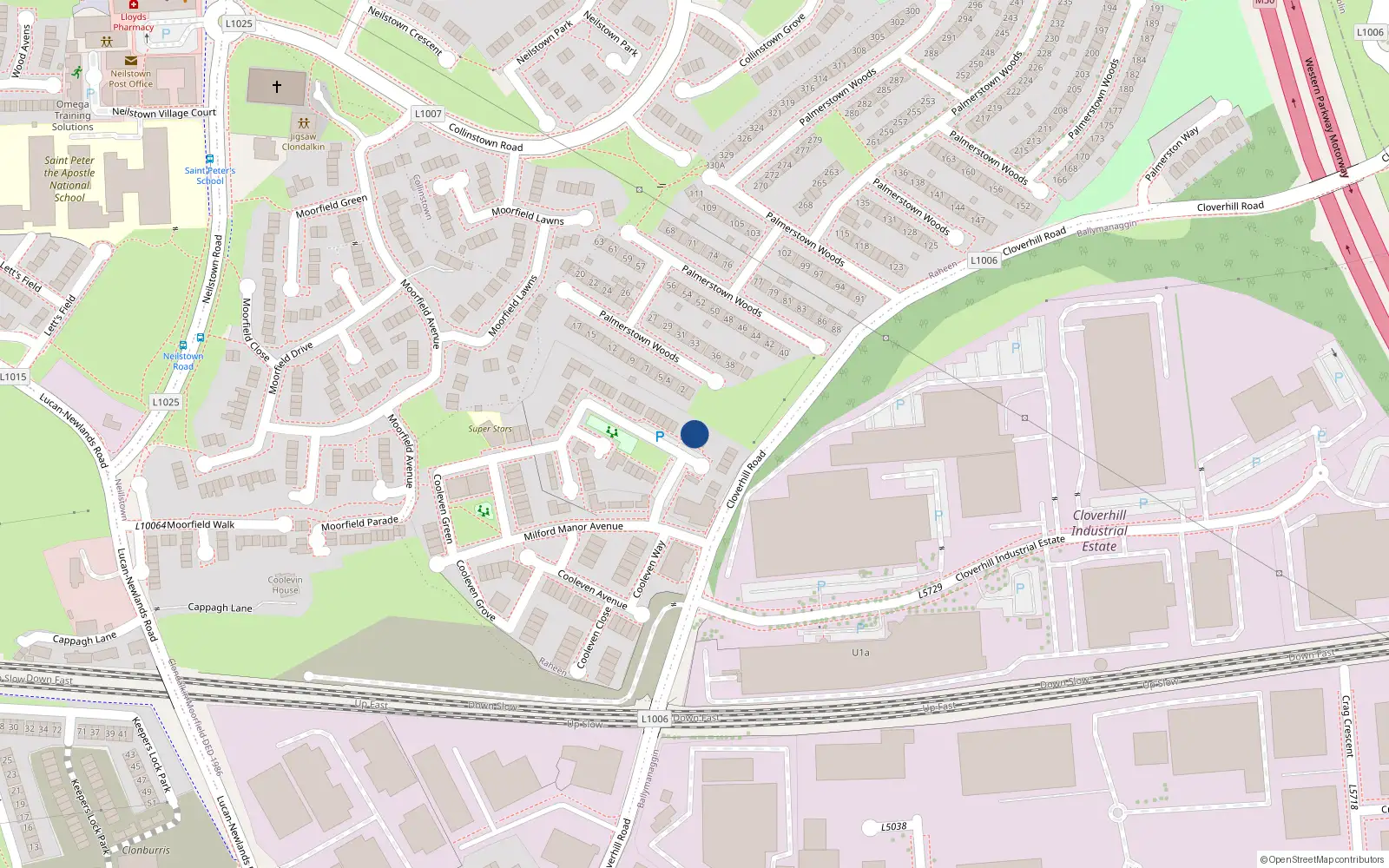Overhead map showing the location of 20 Milford Manor Green, Dublin 22