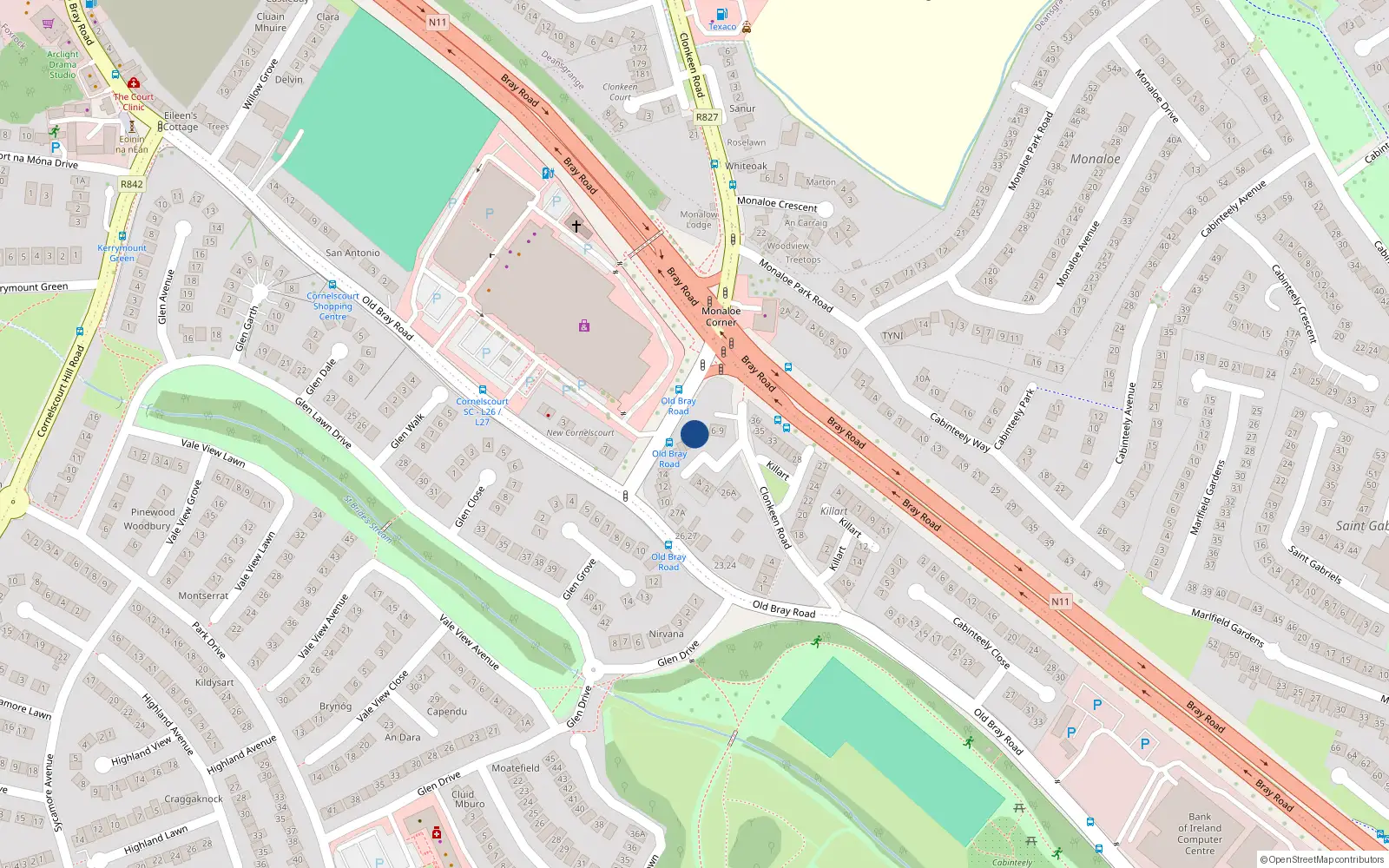 Overhead map showing the location of 20 Monaloe Court, Blackrock
