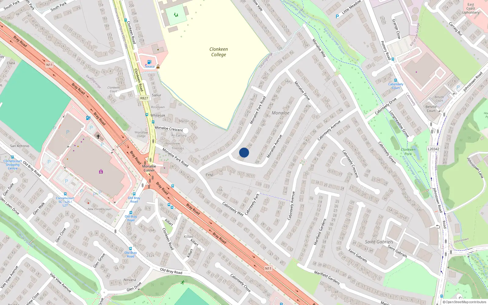 Overhead map showing the location of 20 Monaloe Park Road, Blackrock, Dublin
