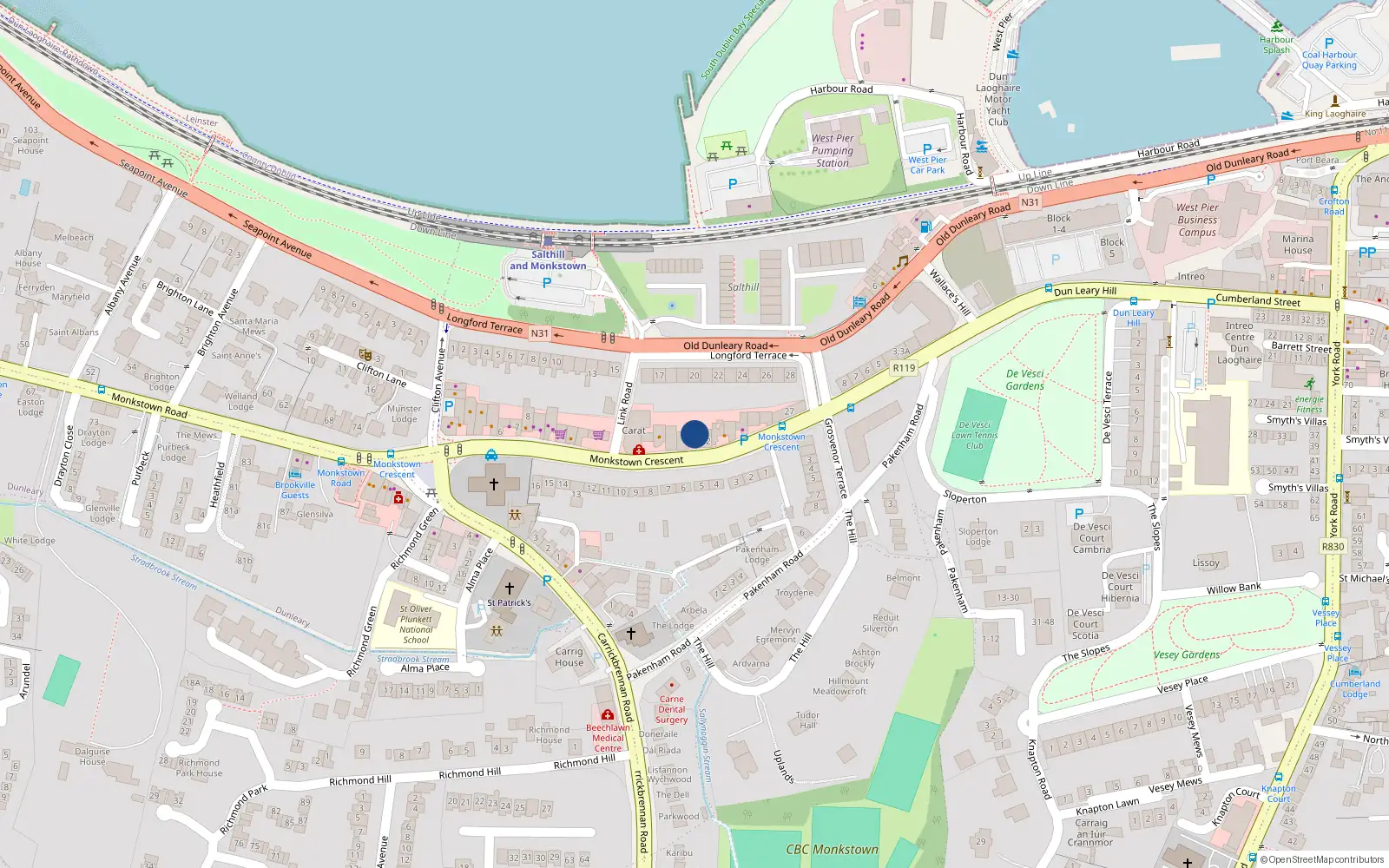 Overhead map showing the location of 20 Monkstown Crescent, Dublin