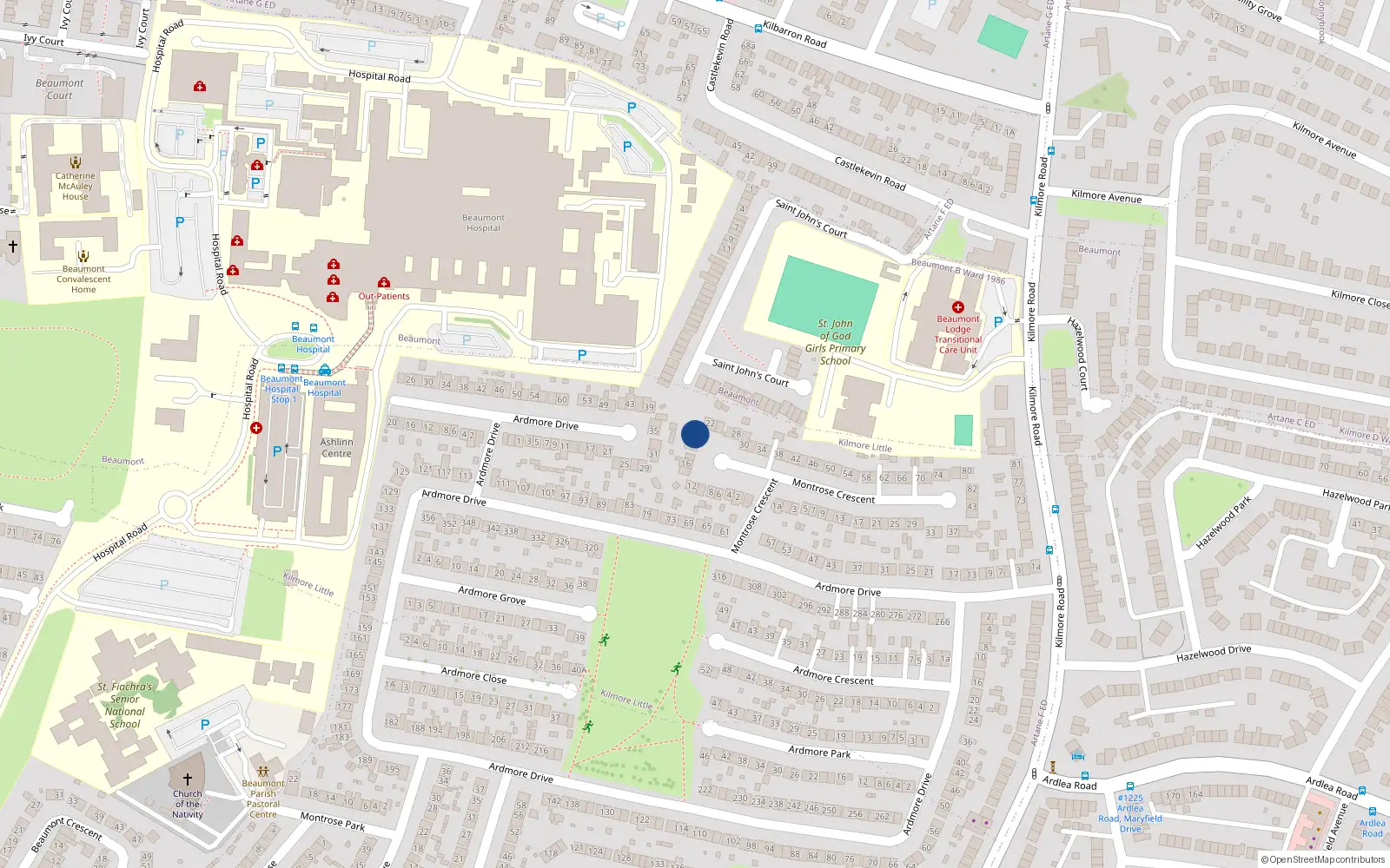 Overhead map showing the location of 20 Montrose Crescent, Artane, Dublin 5