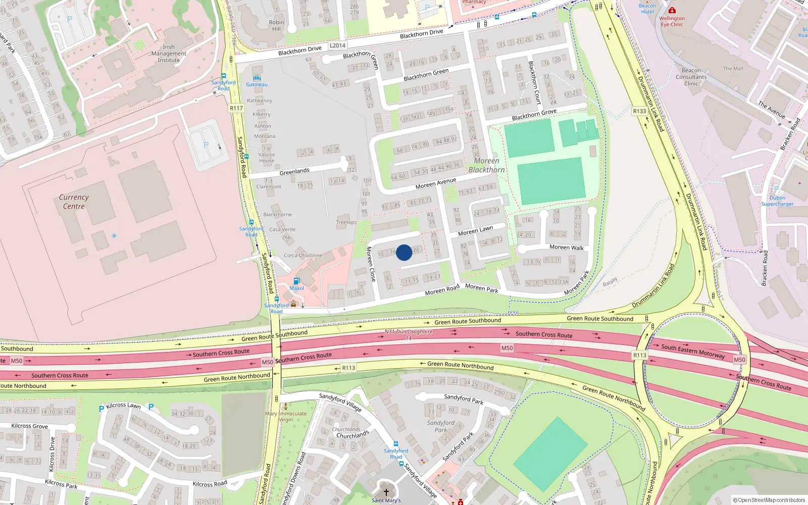 Overhead map showing the location of 20 Moreen Close, Dublin 16