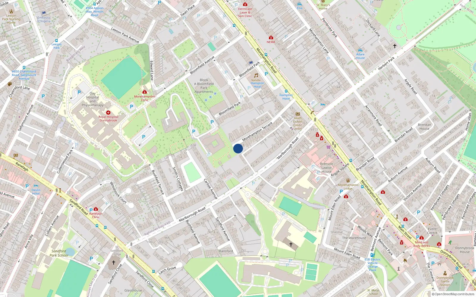 Overhead map showing the location of 20 Morehampton Terrace, Donnybrook