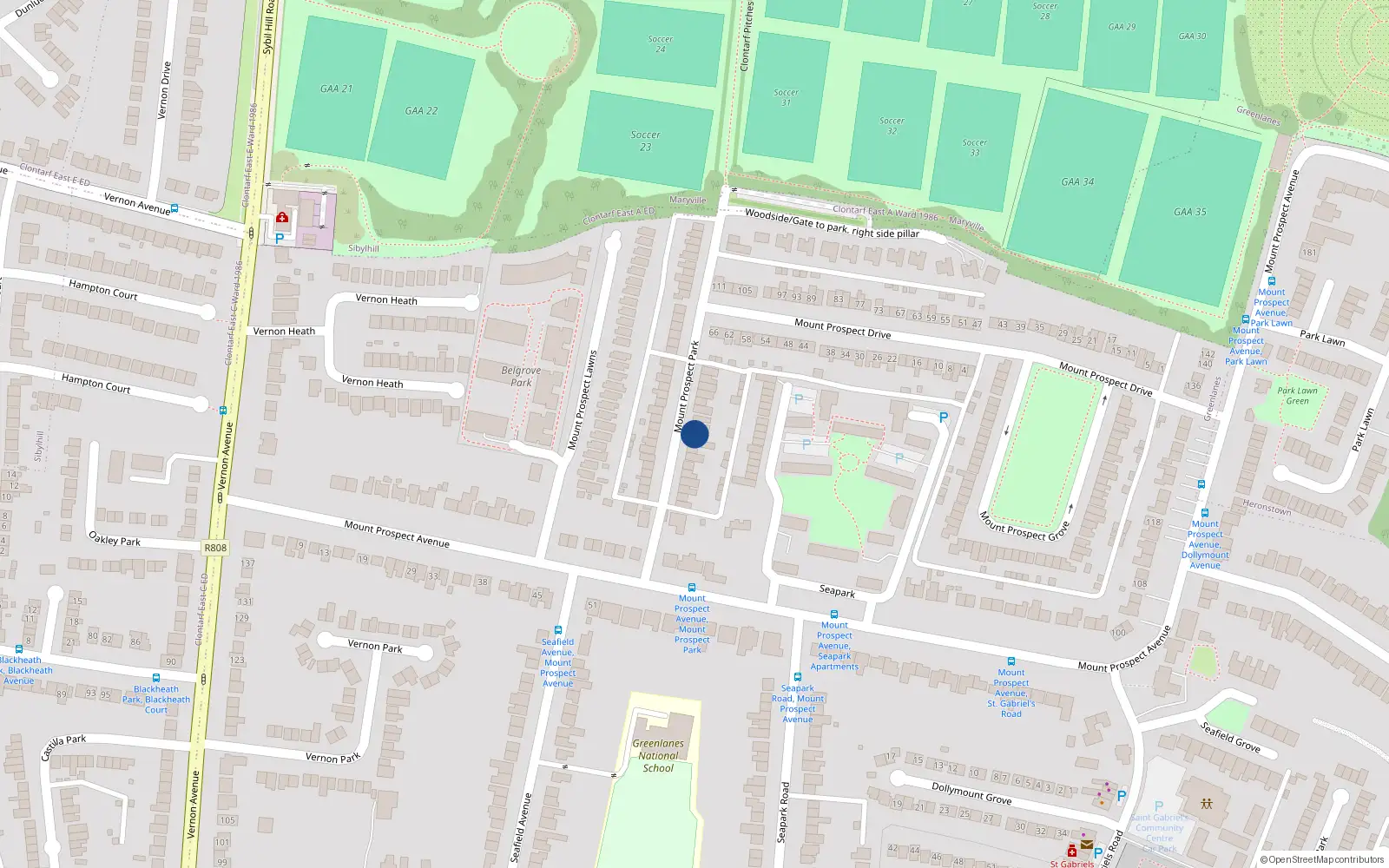 Overhead map showing the location of 20 Mount Prospect Park, Clontarf, Dublin 3