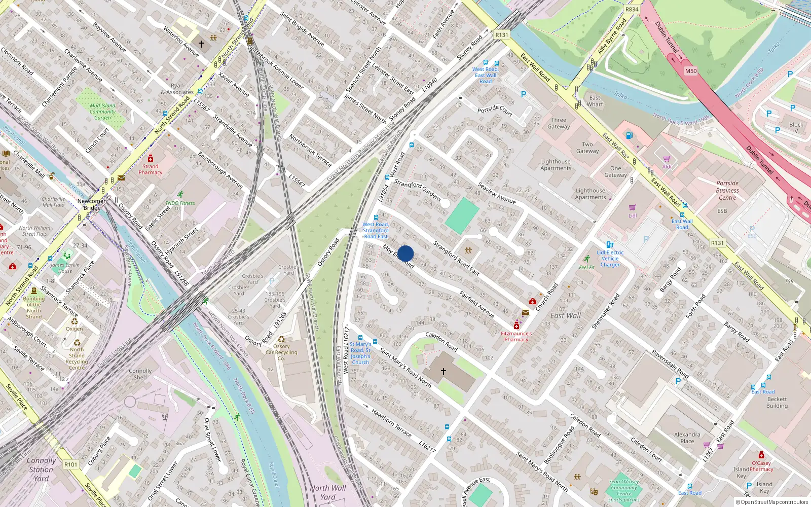 Overhead map showing the location of 20 Moy Elta Road, East Wall, Dublin 3