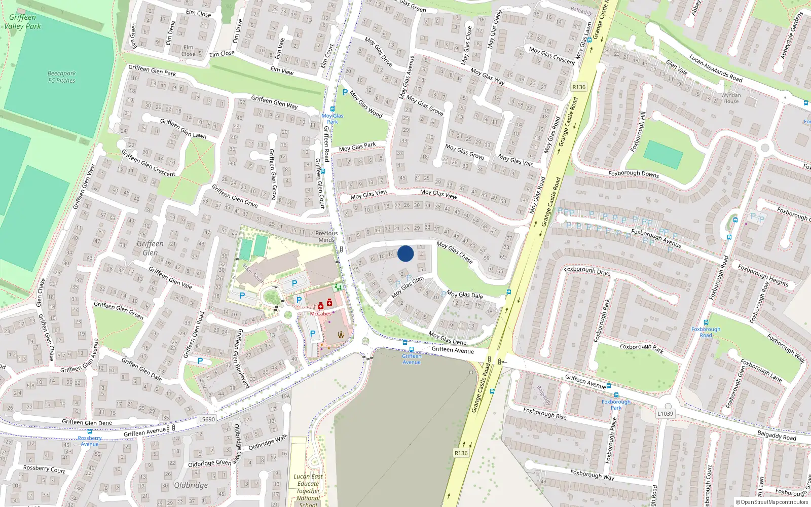 Overhead map showing the location of 20 Moy Glas Chase, Lucan, Dublin