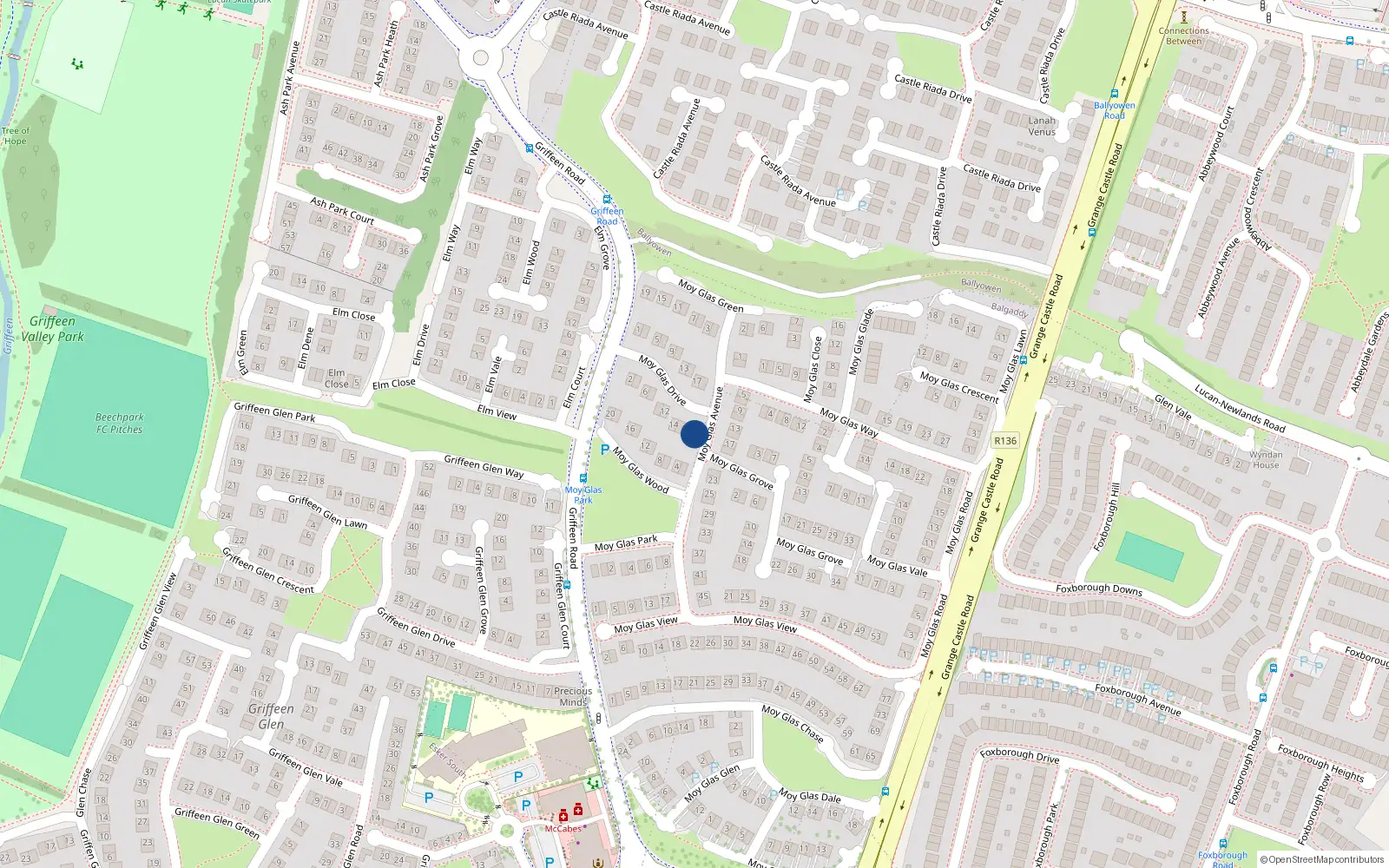 Overhead map showing the location of 20 Moy Glas Drive, Lucan