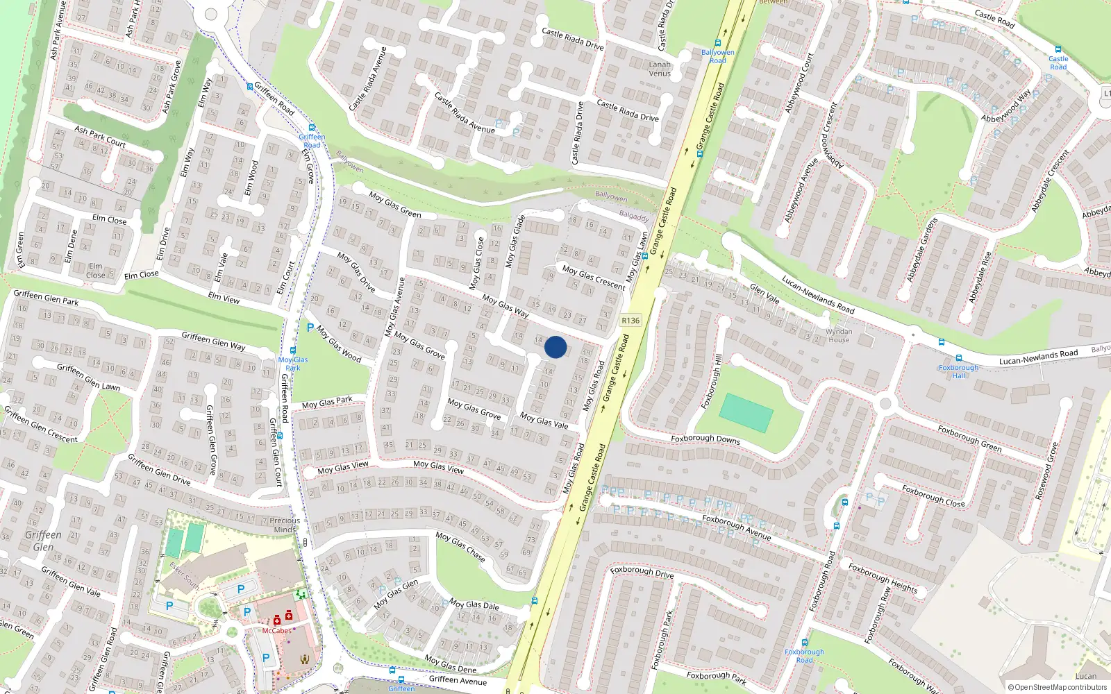 Overhead map showing the location of 20 Moy Glas Way, Lucan