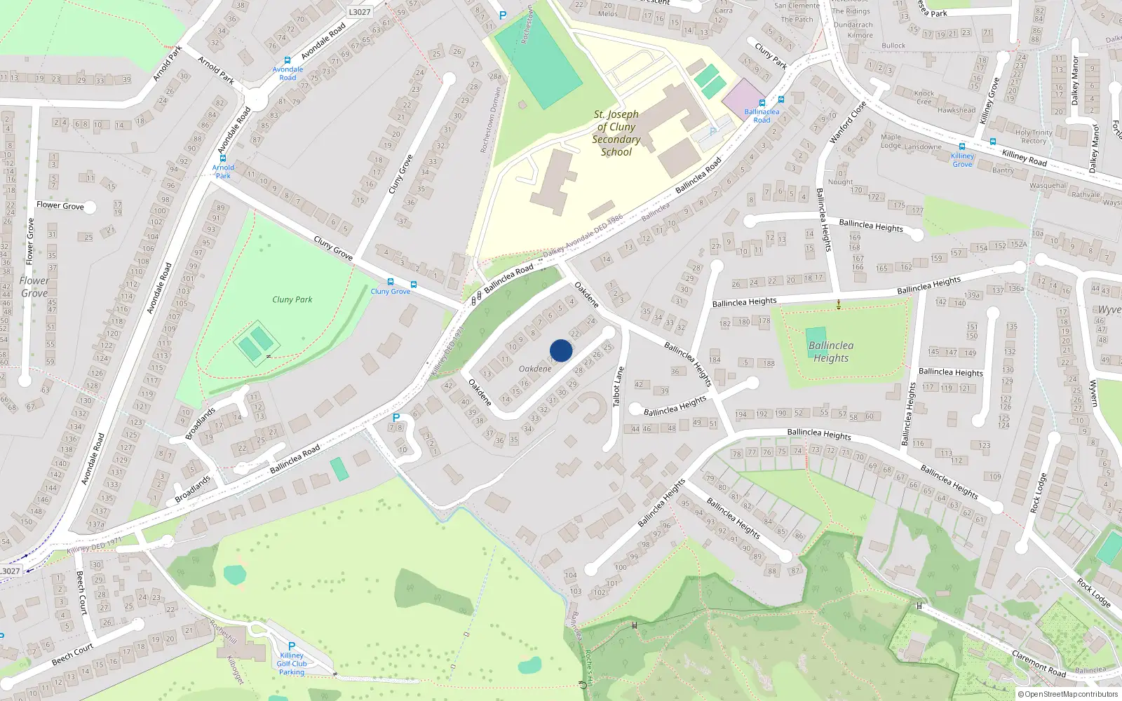 Overhead map showing the location of 20 Oakdene, Killiney