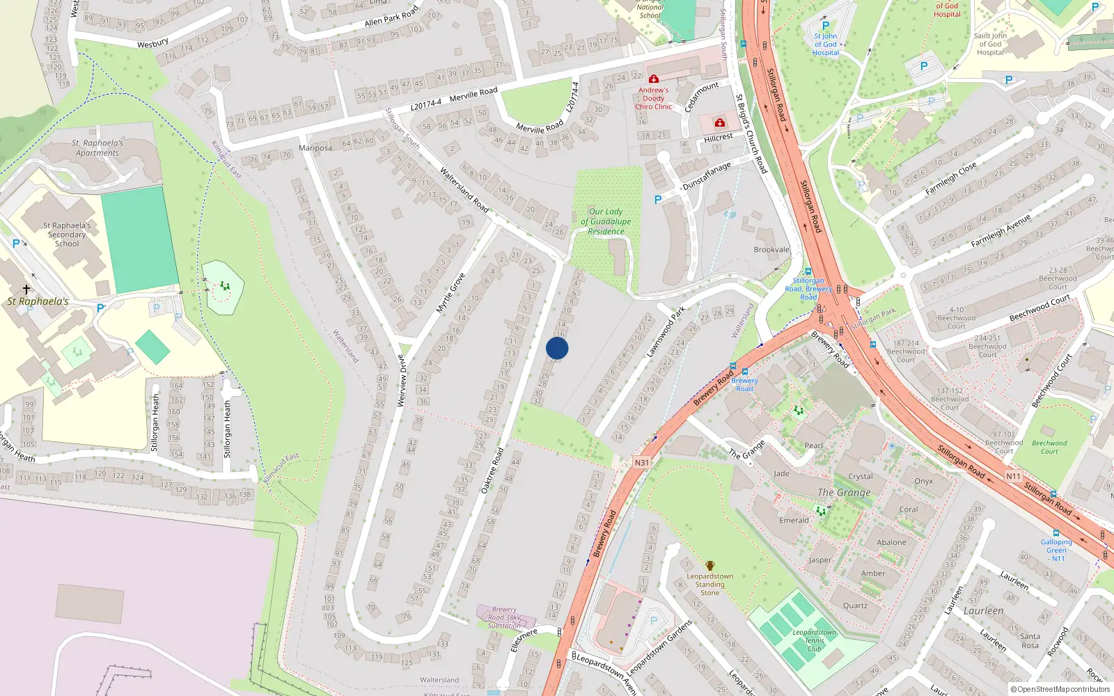 Overhead map showing the location of 20 Oaktree Road, Dublin