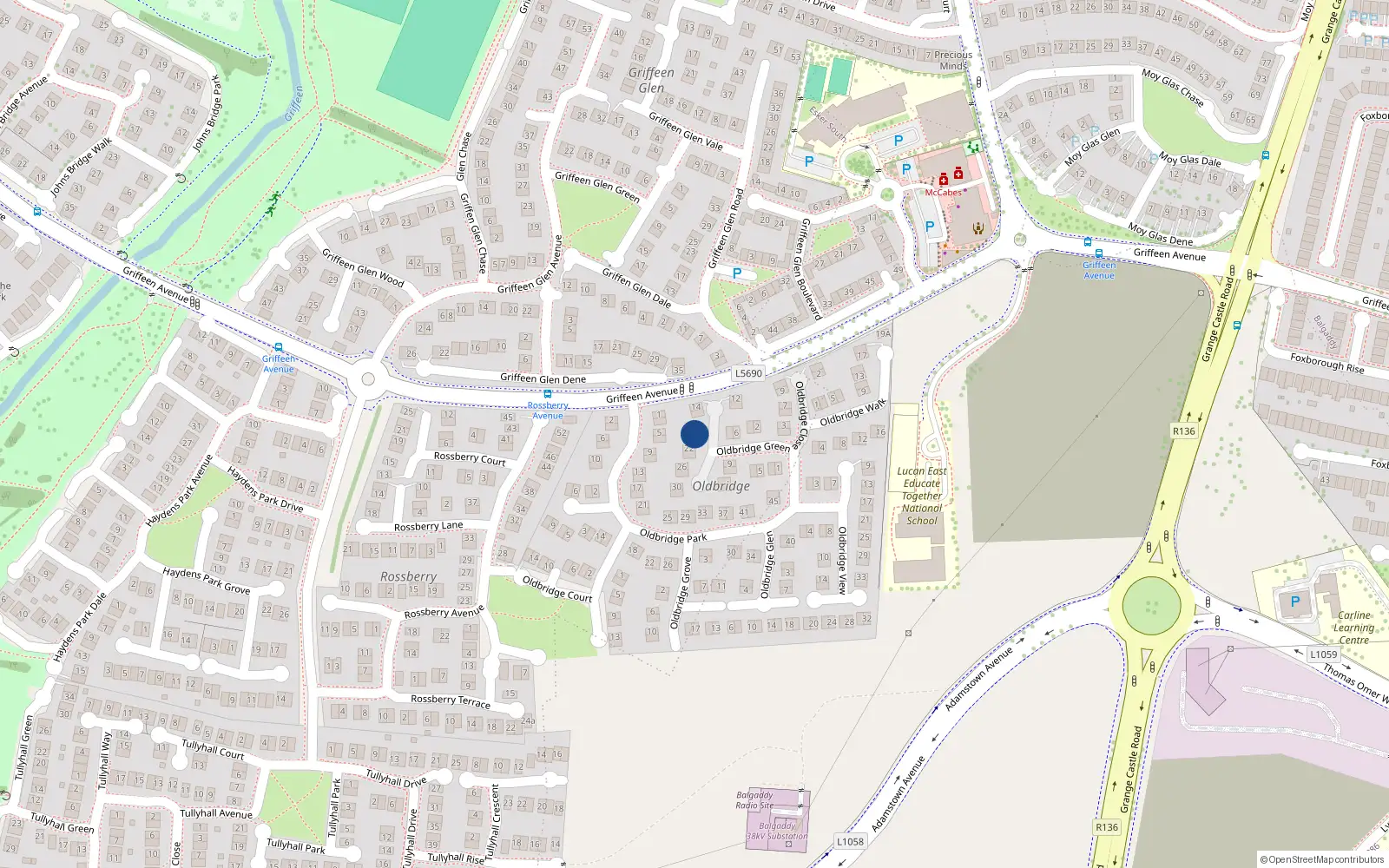 Overhead map showing the location of 20 Oldbridge Green, Lucan