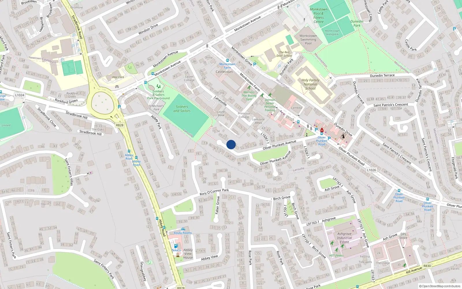 Overhead map showing the location of 20 Oliver Plunkett Villas, Monkstown Farm, Dun Laoghaire