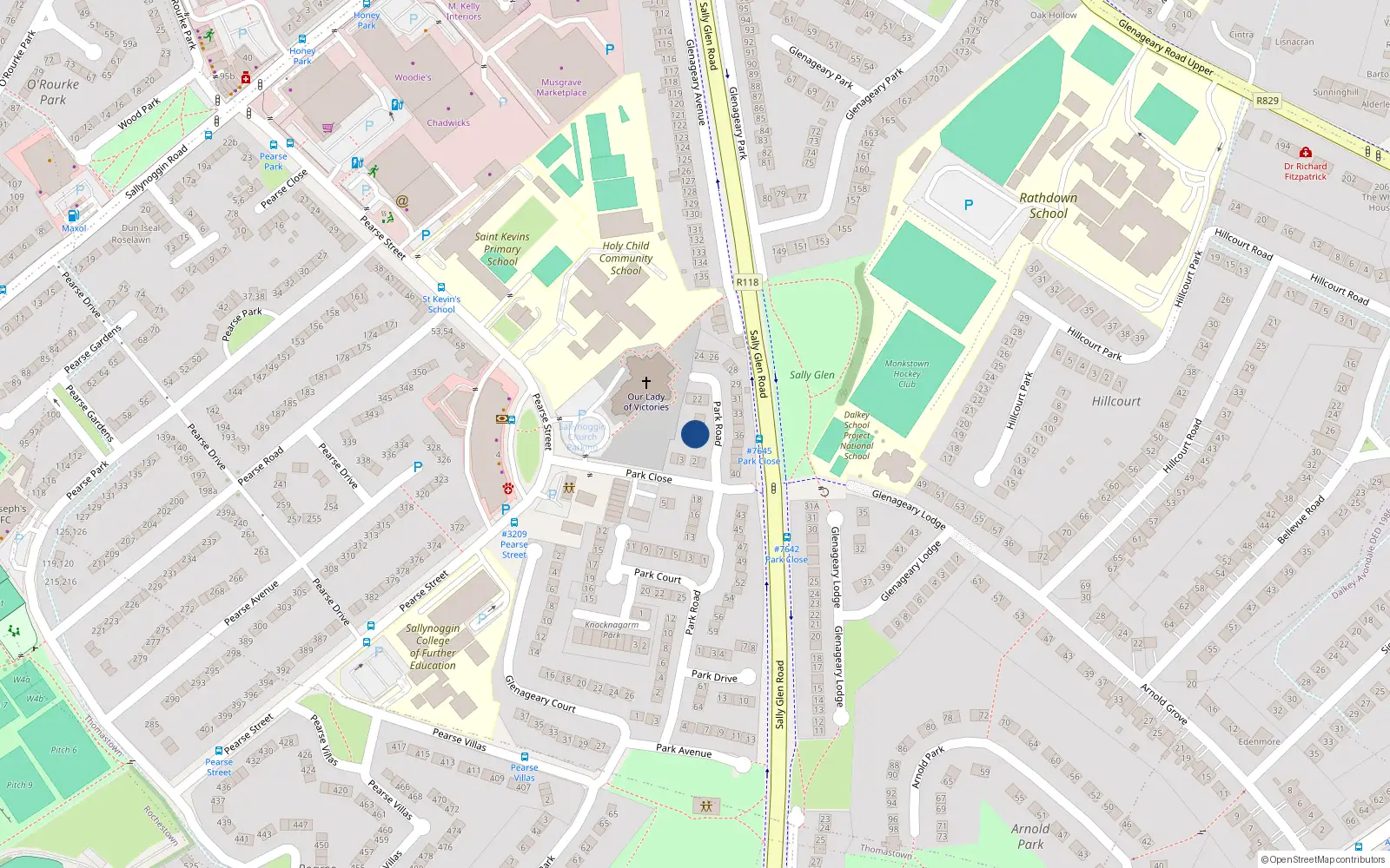 Overhead map showing the location of 20 Park Road, Glenageary
