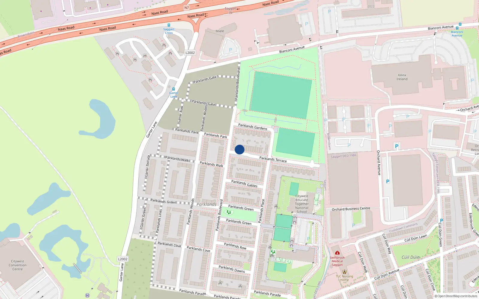 Overhead map showing the location of 20 Parklands Terrace, Saggart