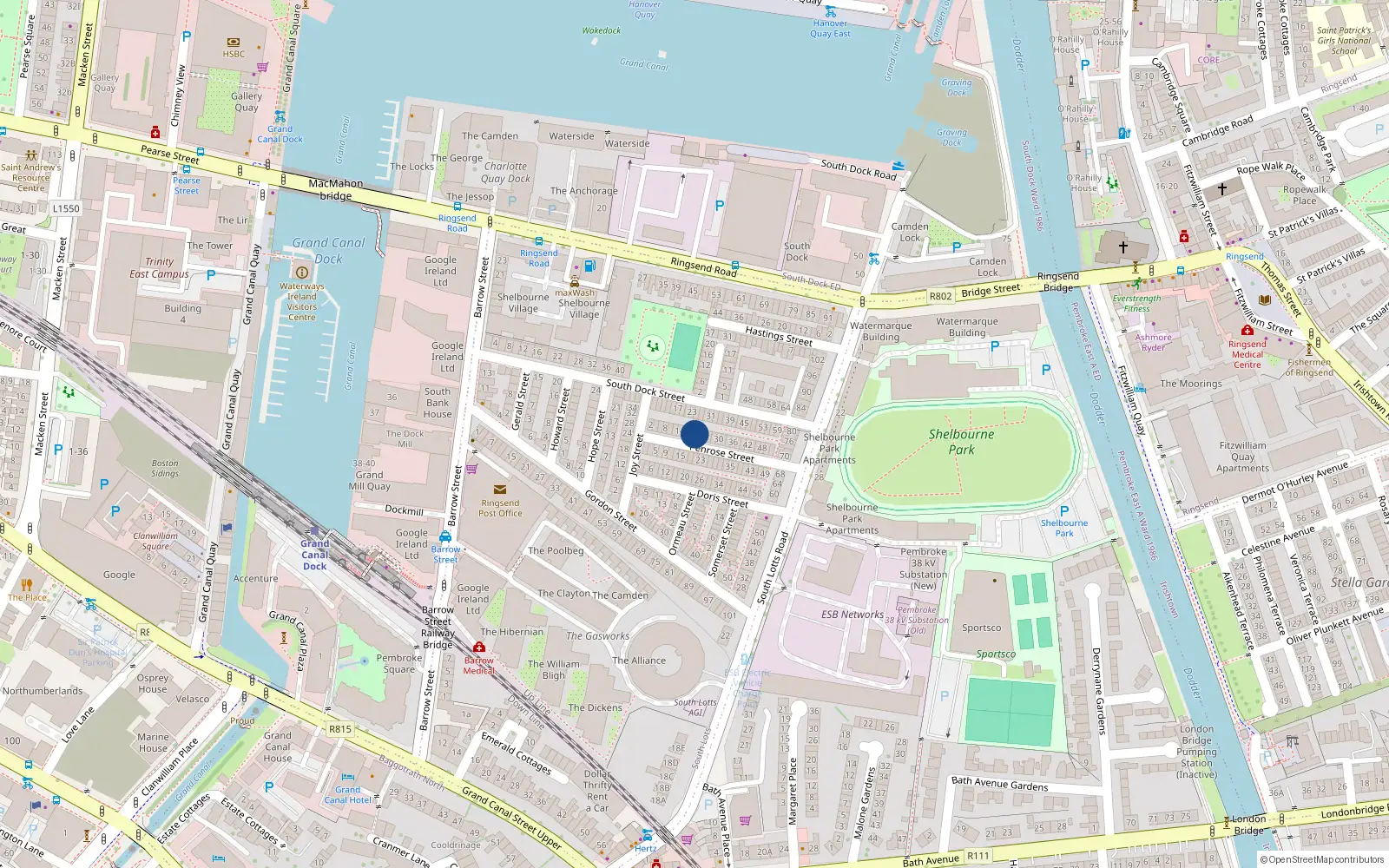Overhead map showing the location of 20 Penrose Street, Dublin 4