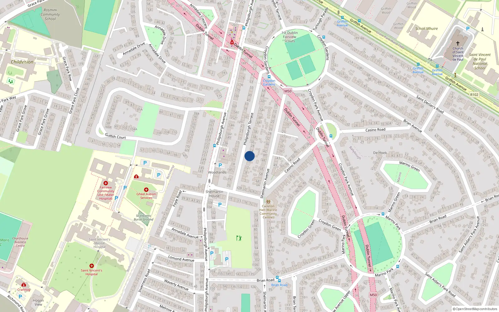 Overhead map showing the location of 20 Philipsburgh Terrace, Marino, Dublin 3