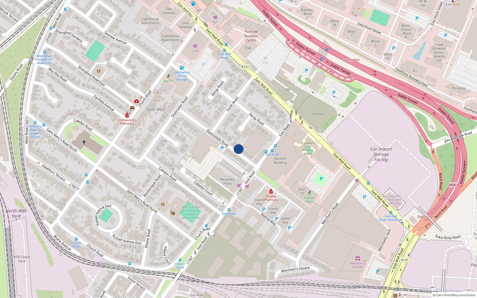 Overhead map showing the location of 20 Ravensdale Road, East Wall, Dublin
