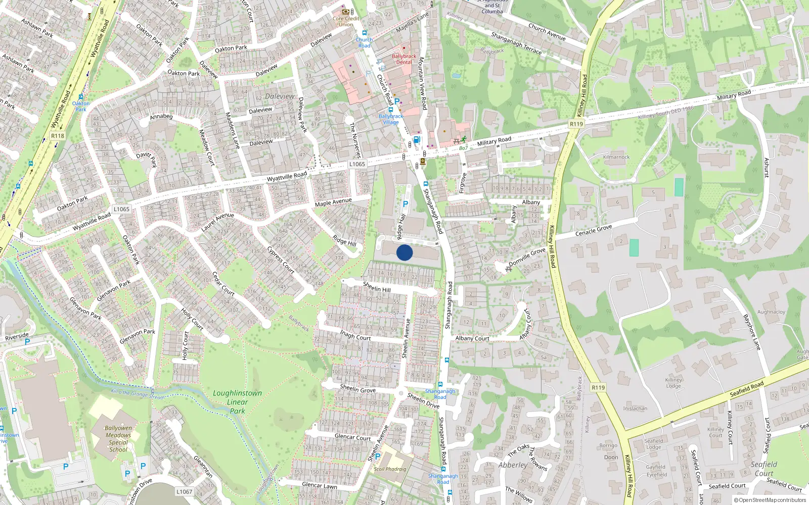 Overhead map showing the location of 20 Ridge Hall, Shanganagh Road, Ballybrack