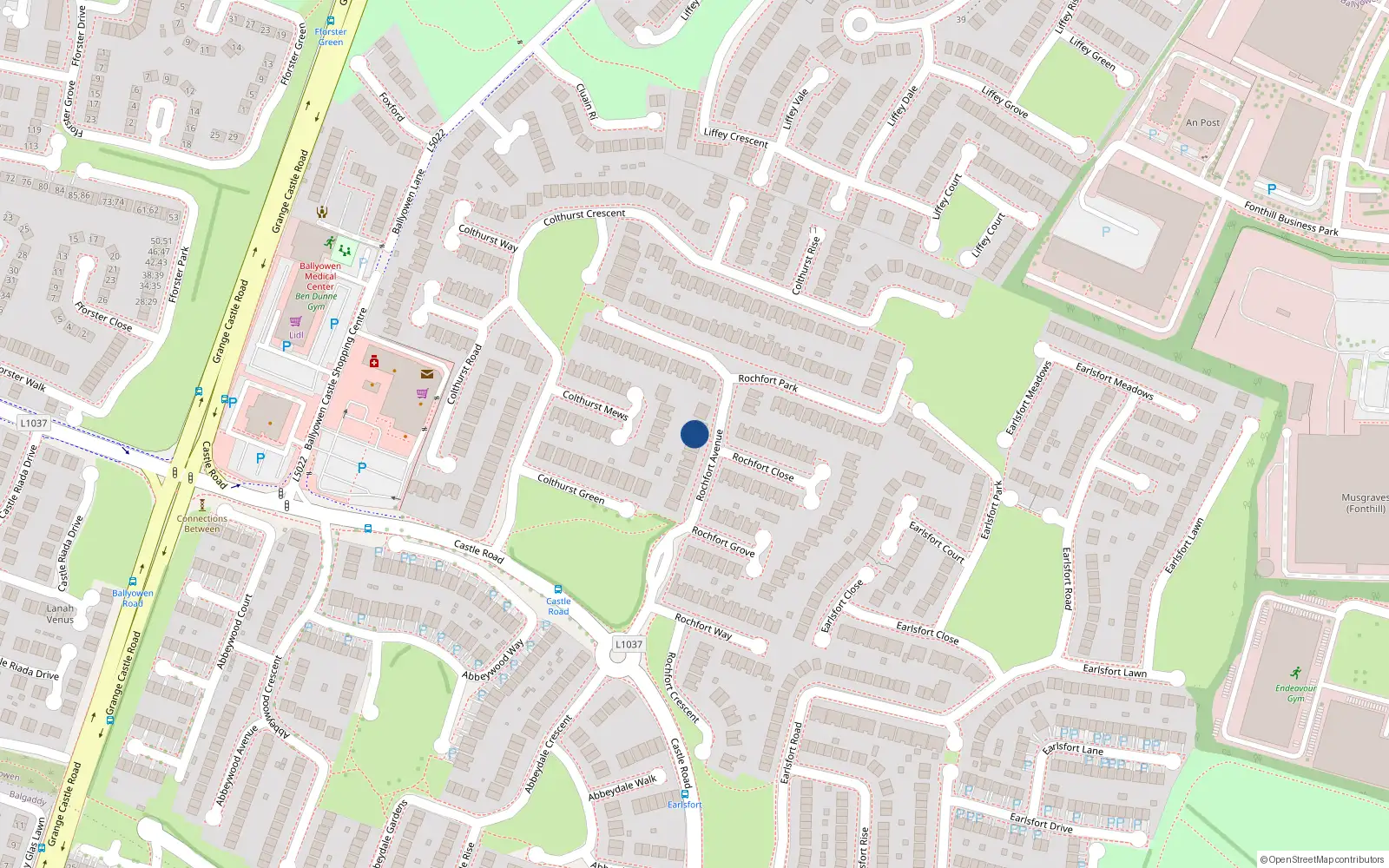 Overhead map showing the location of 20 Rochford Avenue, Rochford Downes, Lucan