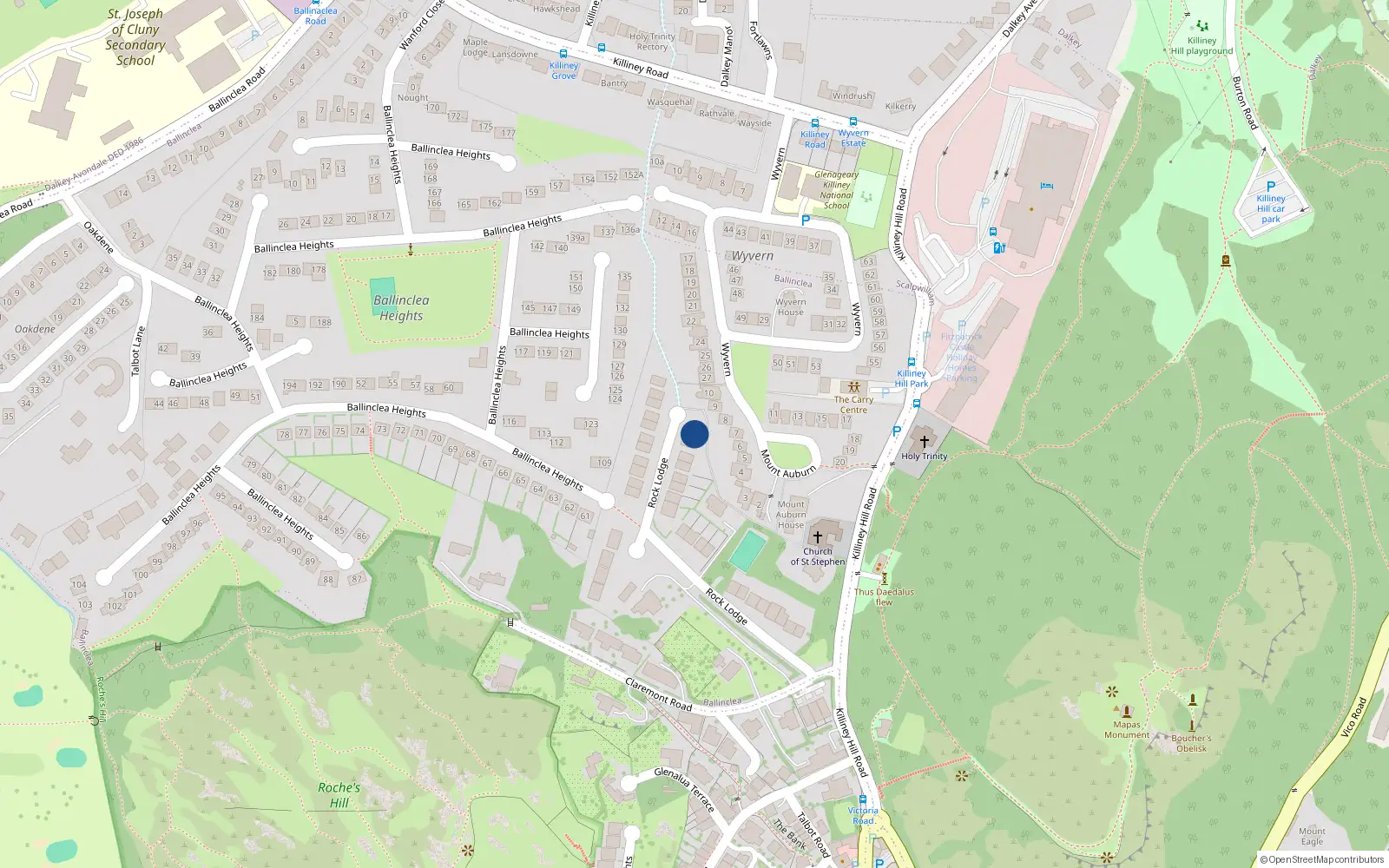 Overhead map showing the location of 20 Rock Lodge, Killiney