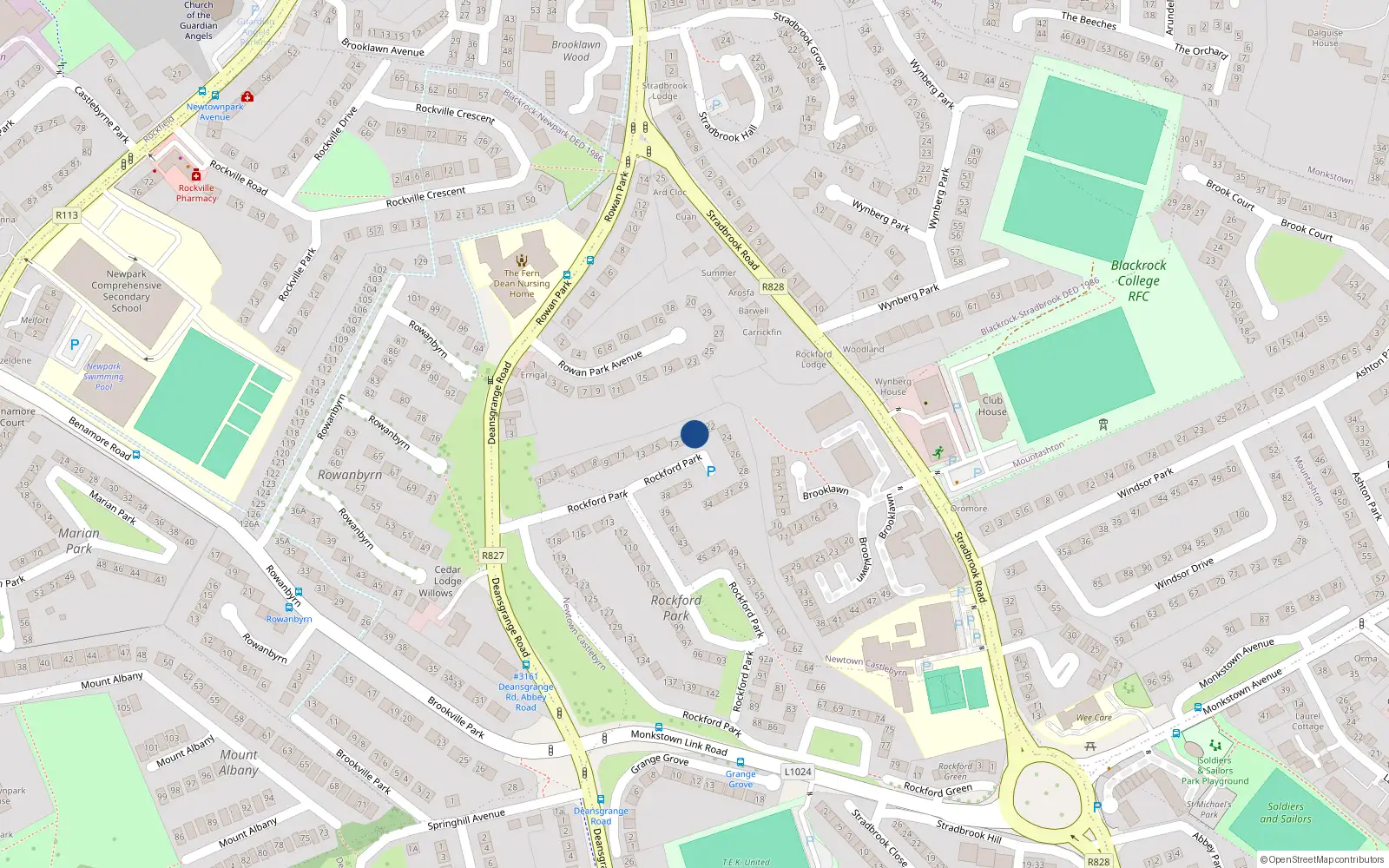 Overhead map showing the location of 20 Rockford Park, Blackrock, Dublin