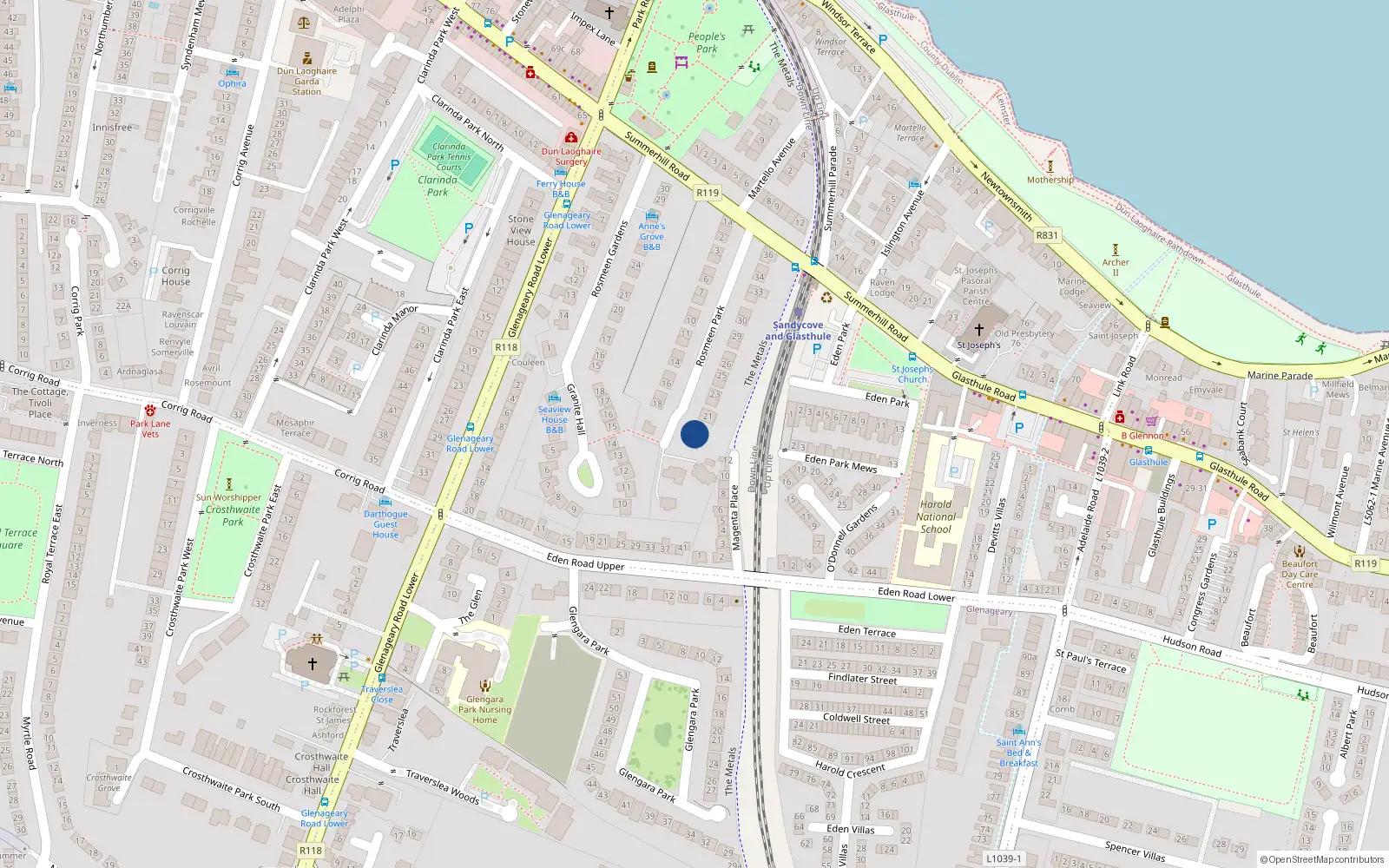 Overhead map showing the location of 20 Rosmeen Park, Dublin