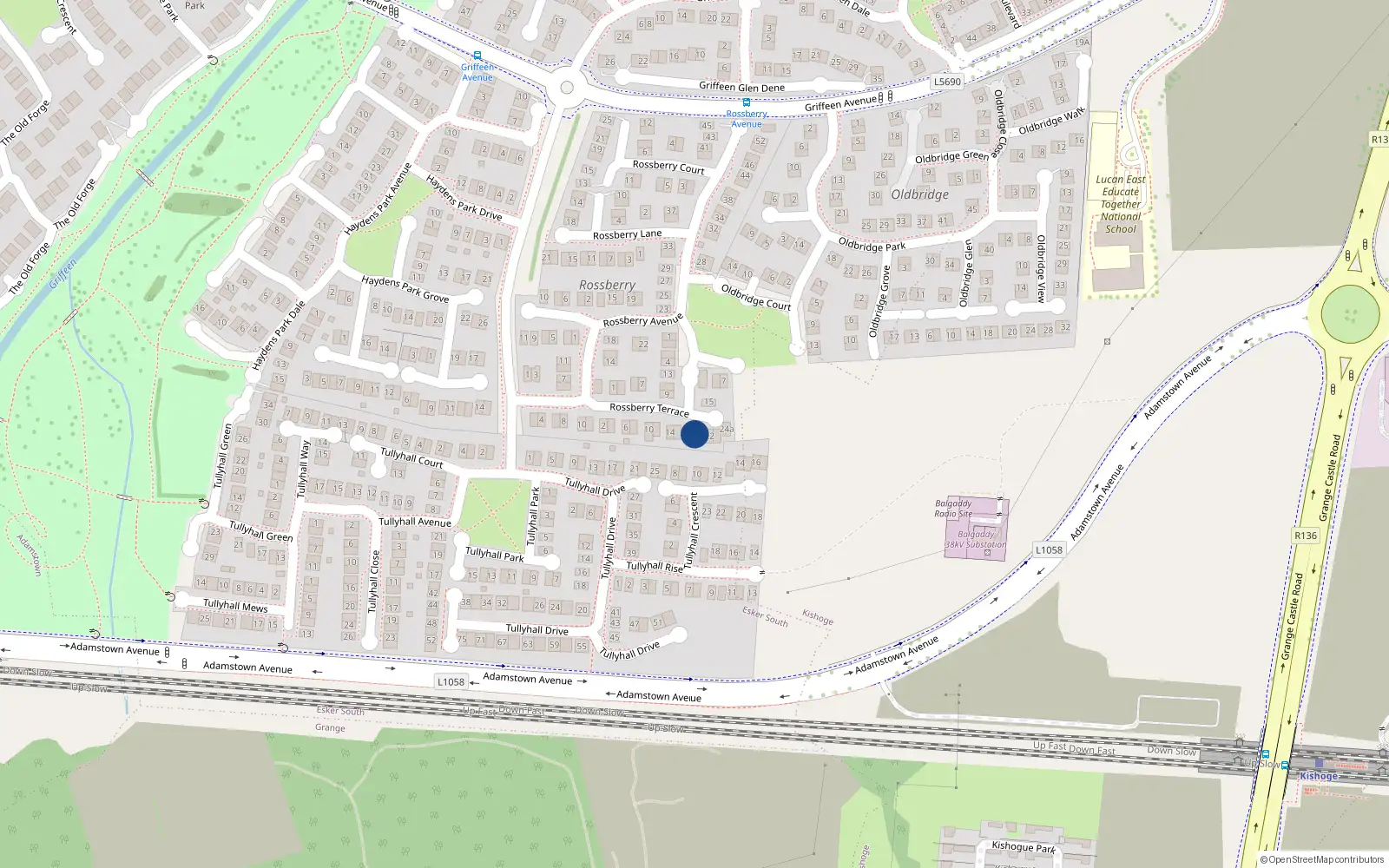 Overhead map showing the location of 20 Rossberry Terrace, Lucan