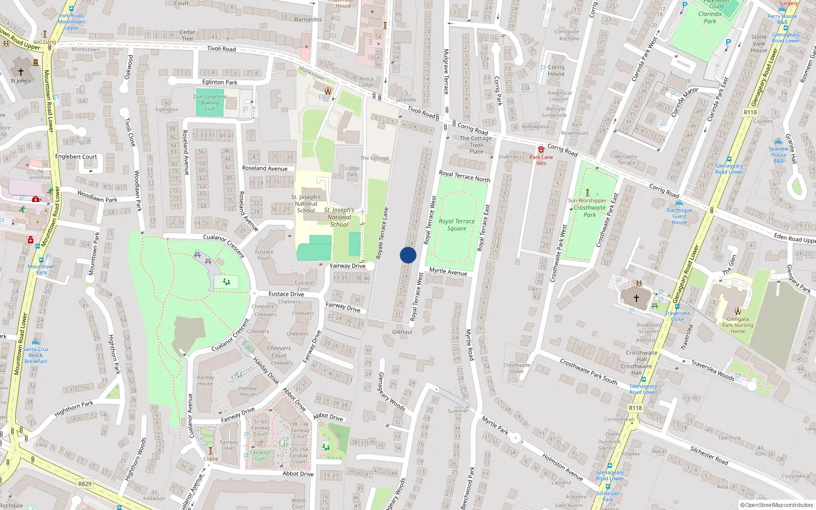 Overhead map showing the location of 20 Royal Terrace West, Dun Laoghaire, Dublin