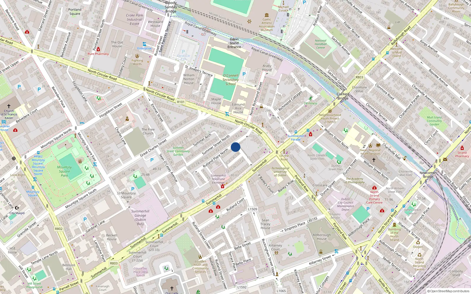 Overhead map showing the location of 20 Rutland Place North, Dublin 1