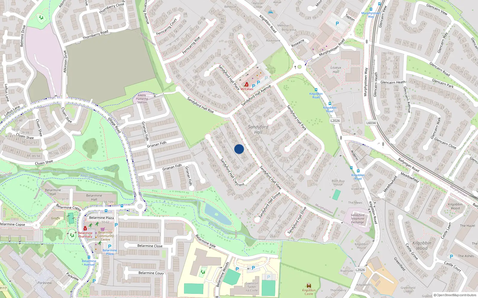 Overhead map showing the location of 20 Sandyford Hall View, Kilgobbin