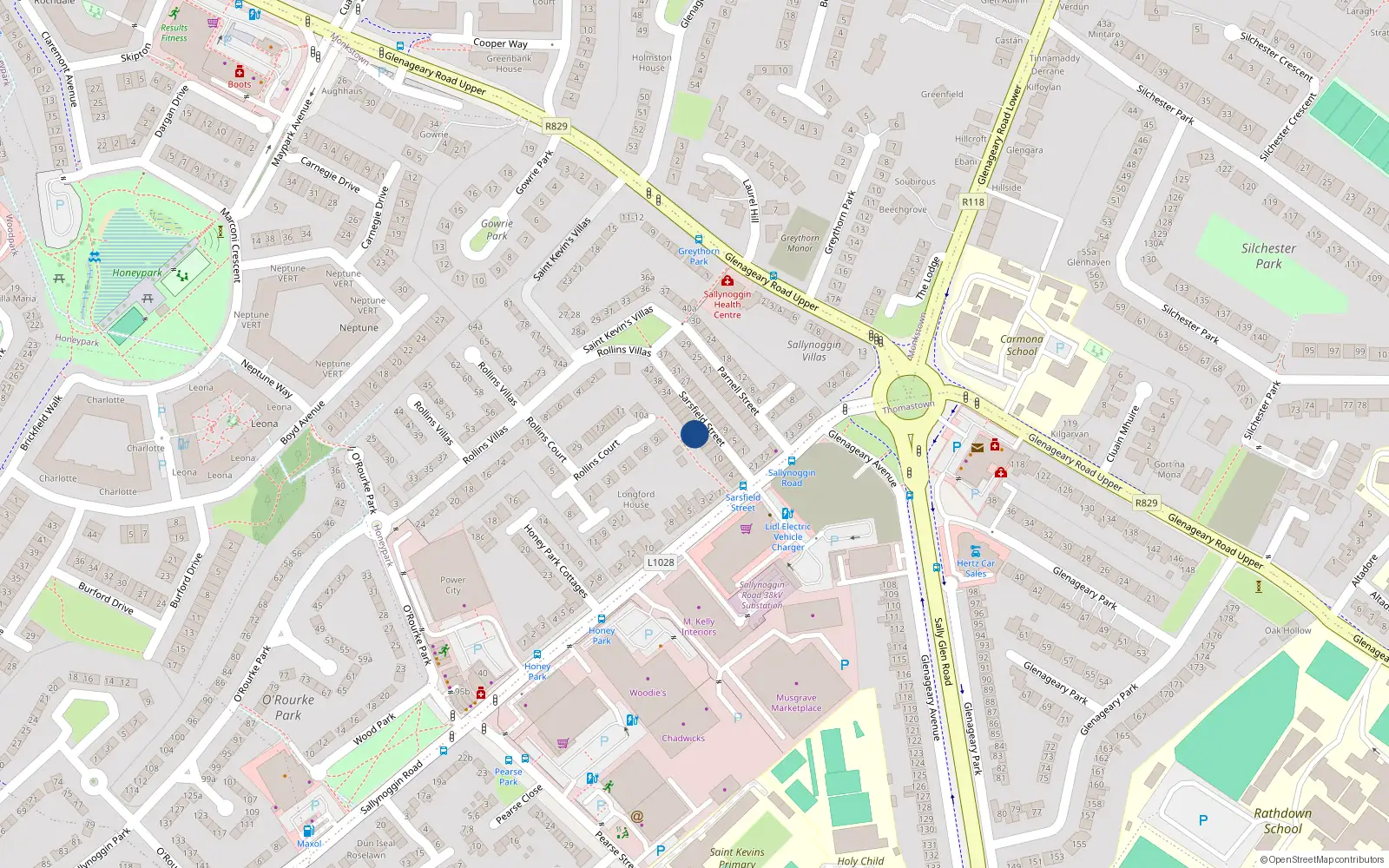 Overhead map showing the location of 20 Sarsfield St, Sallynoggin, Dun Laoghaire