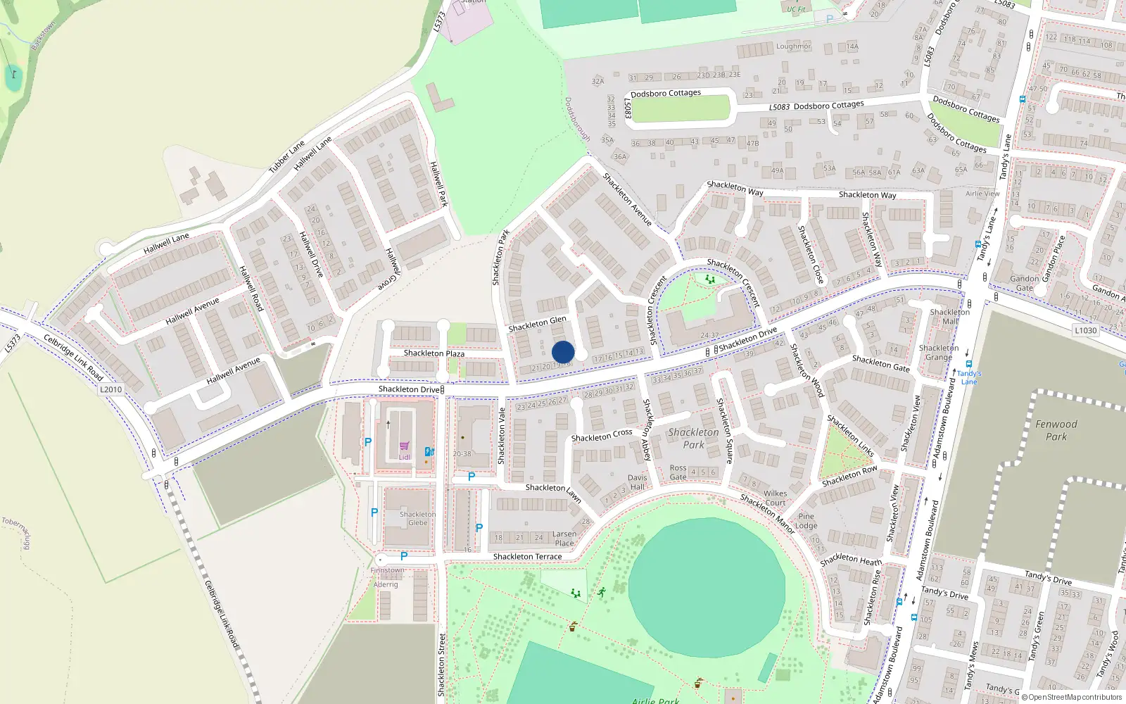 Overhead map showing the location of 20 Shackleton Glen, Lucan