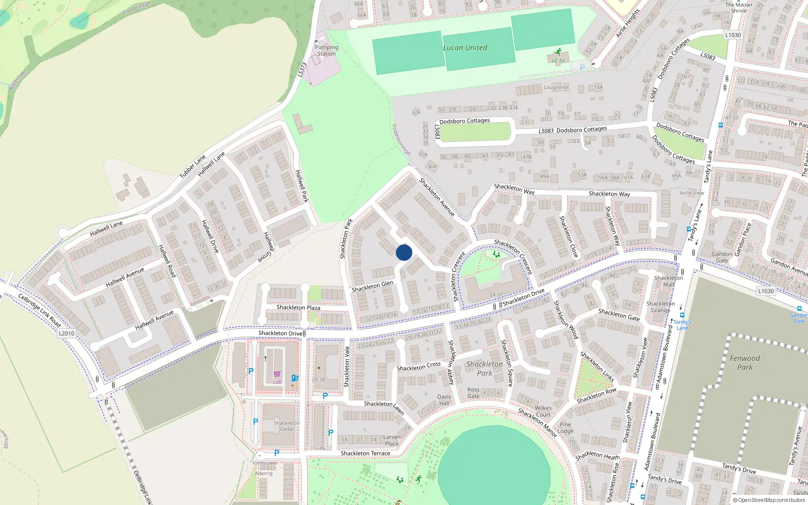 Overhead map showing the location of 20 Shackleton Grove, Lucan