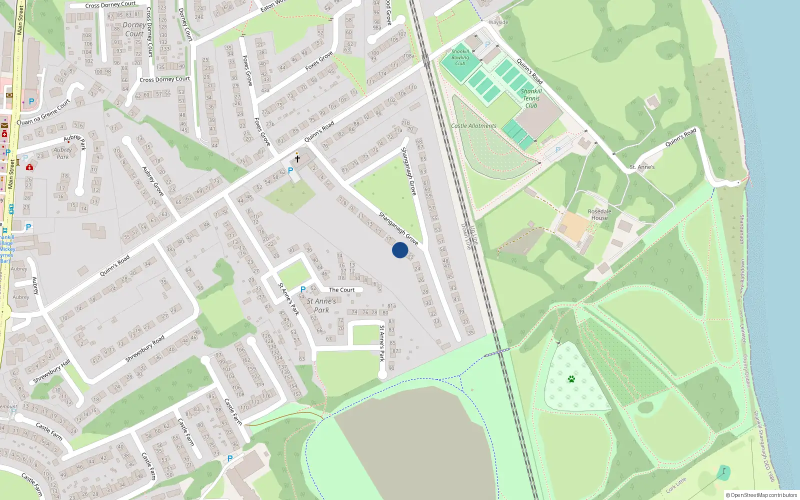 Overhead map showing the location of 20 Shanganagh Grove, Dublin 18