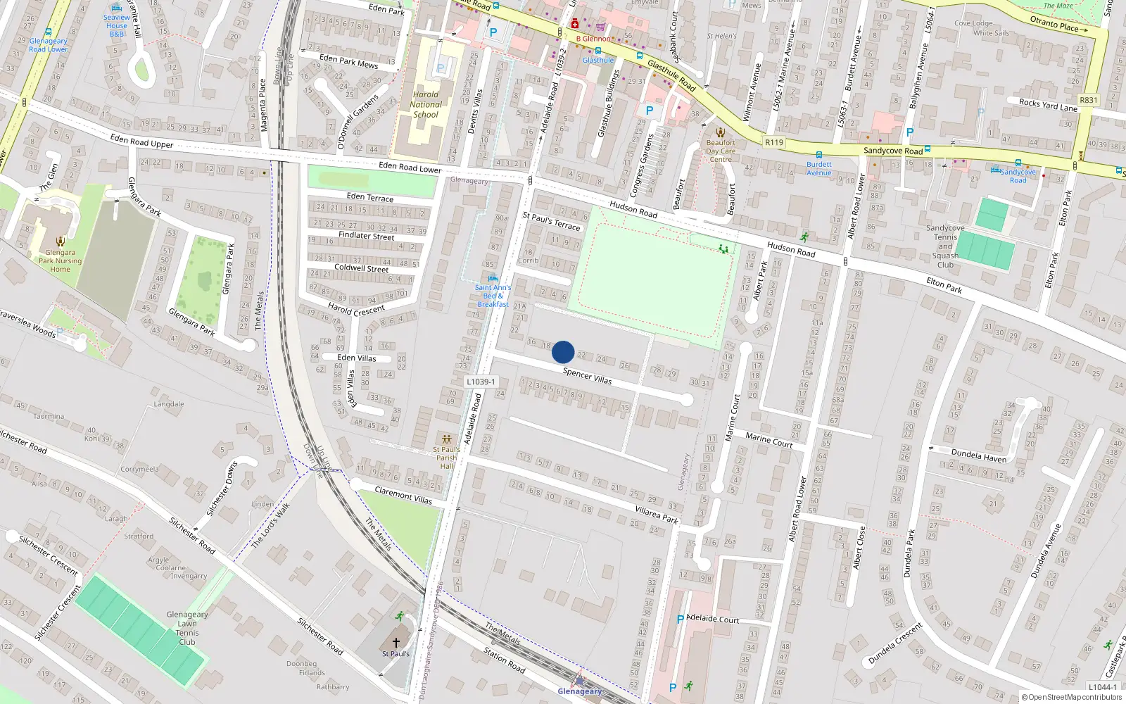 Overhead map showing the location of 20 Spencer Villas, Glenageary, Dublin