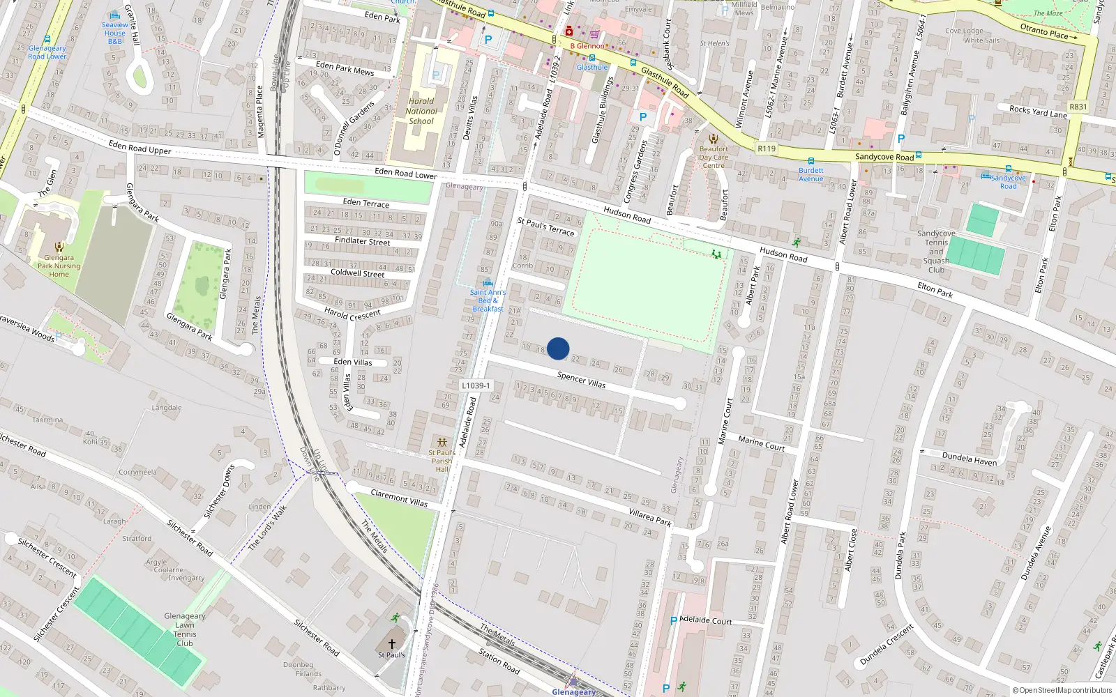 Overhead map showing the location of 20 Spencer Villas, Dublin