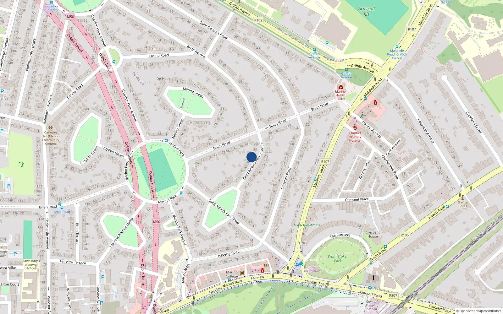 Overhead map showing the location of 20 St Aidans Park Avenue, Marino, Dublin 3