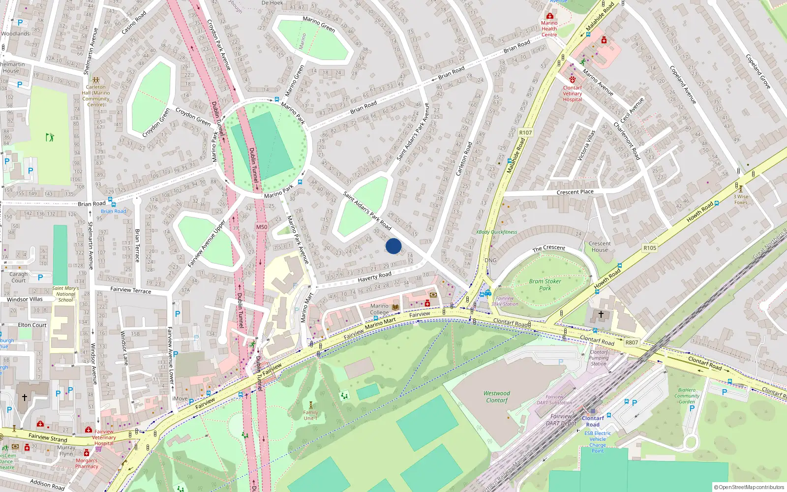 Overhead map showing the location of 20 St Aidans Park Road, Marino, Dublin 3