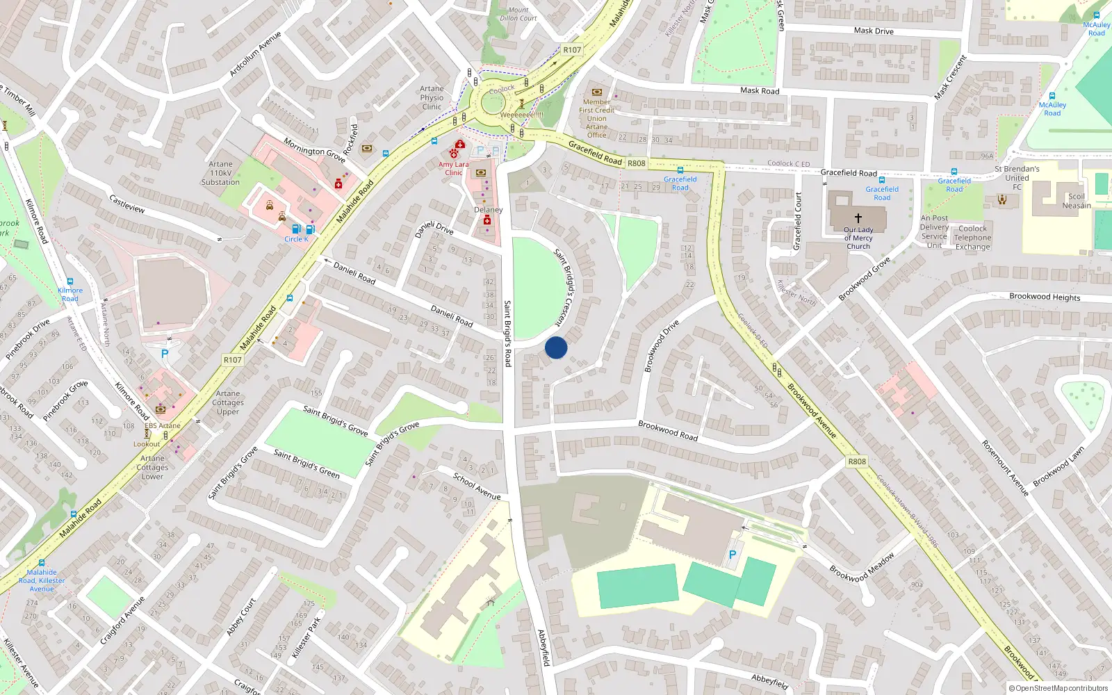 Overhead map showing the location of 20 St Brigids Crescent, Killester, Dublin 5