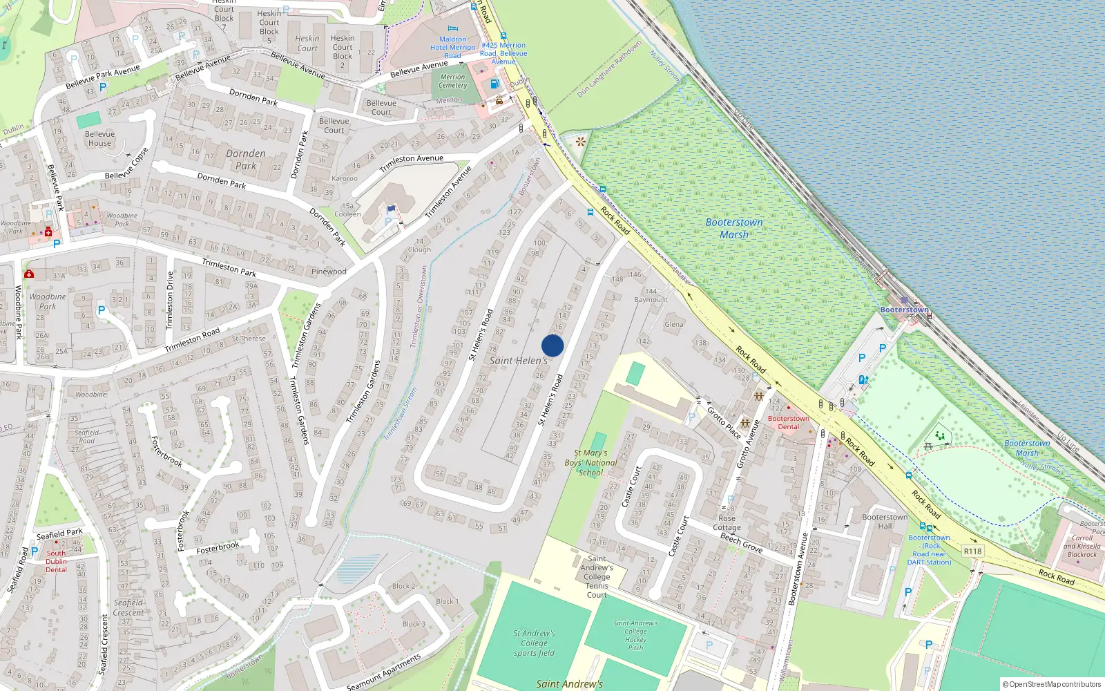 Overhead map showing the location of 20 St Helen's Road, Booterstown