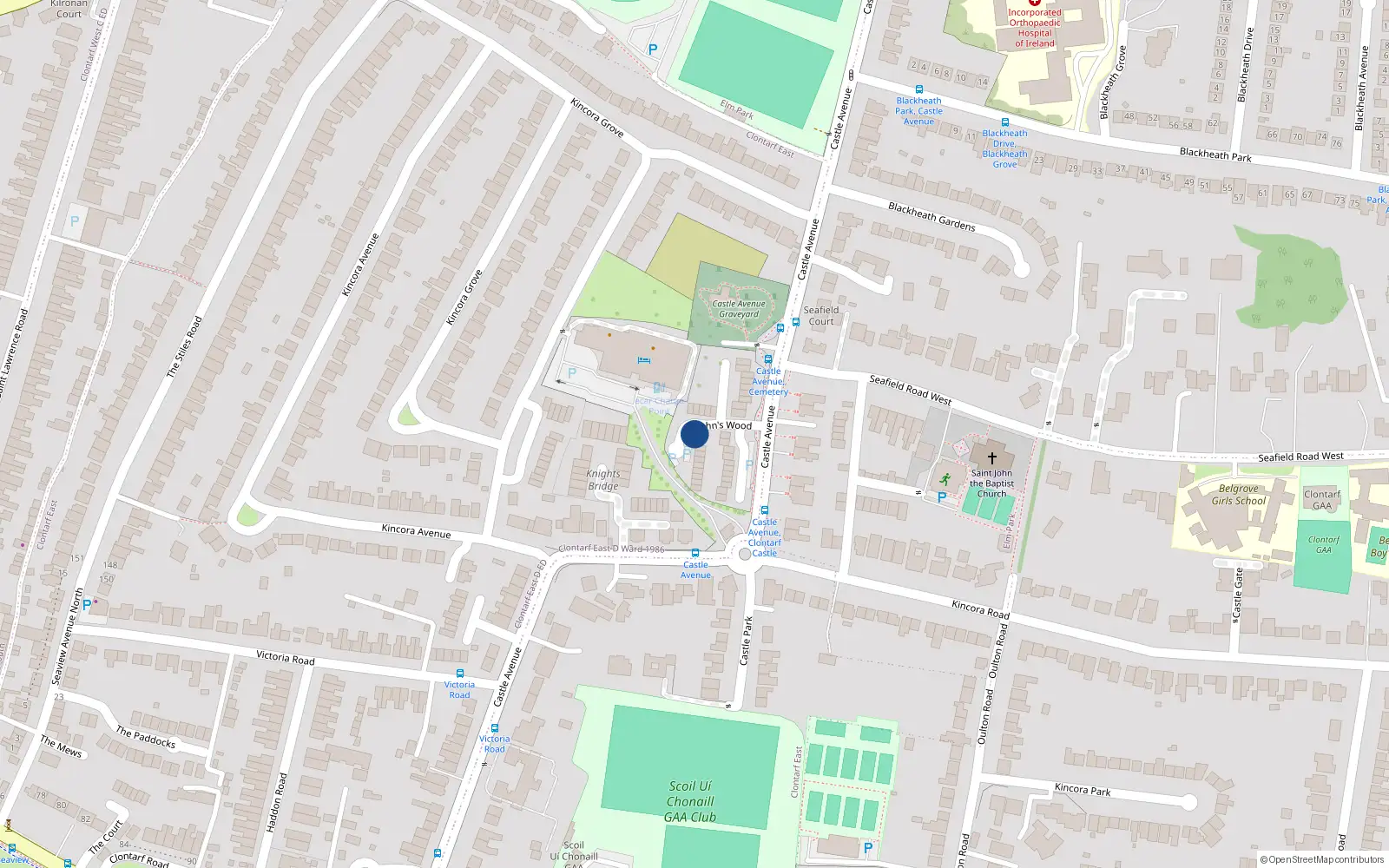 Overhead map showing the location of 20 St Johns Wood, Clontarf, Castle Avenue Dublin 3