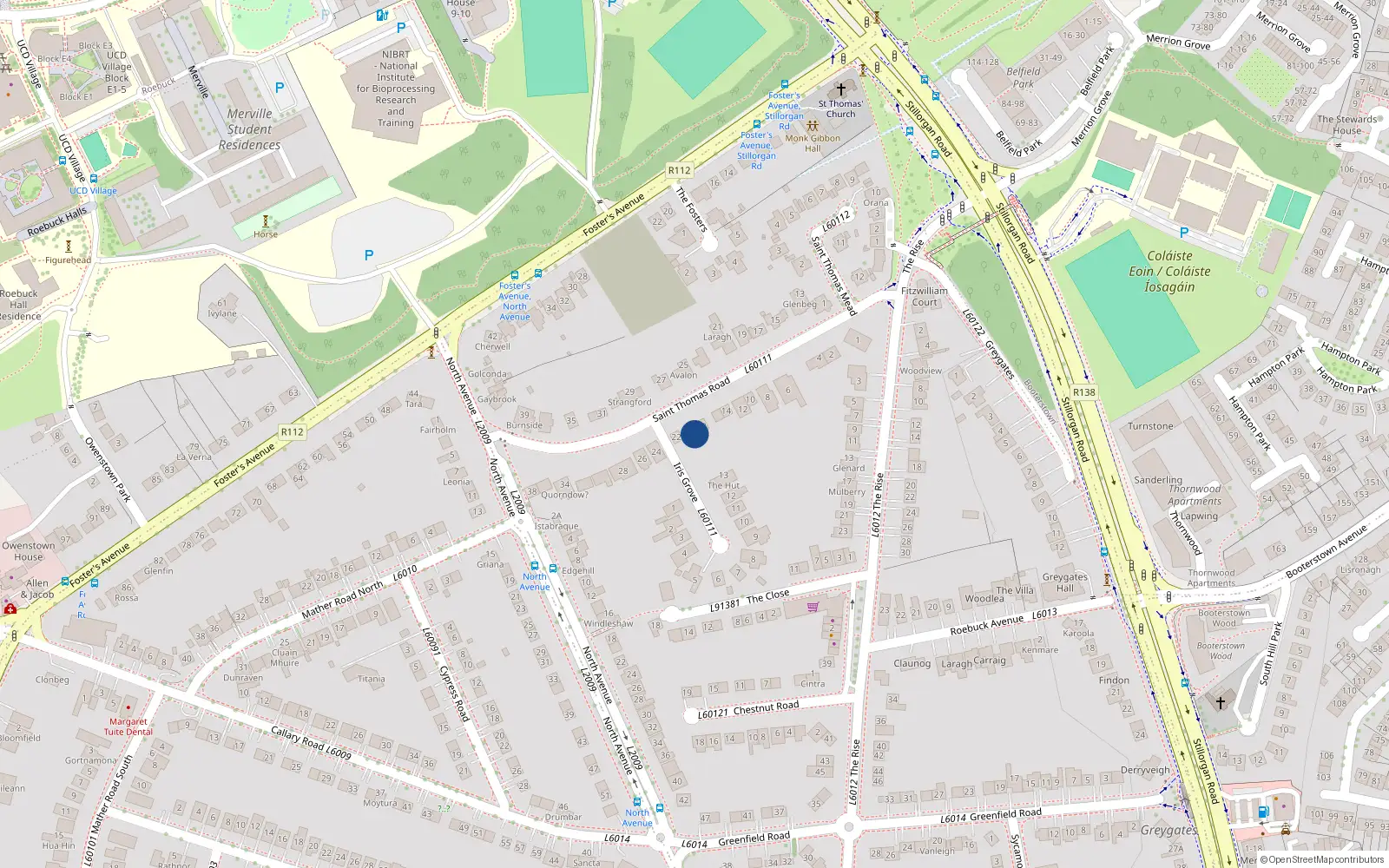 Overhead map showing the location of 20 St Thomas Road, Mount Merrion, Dublin