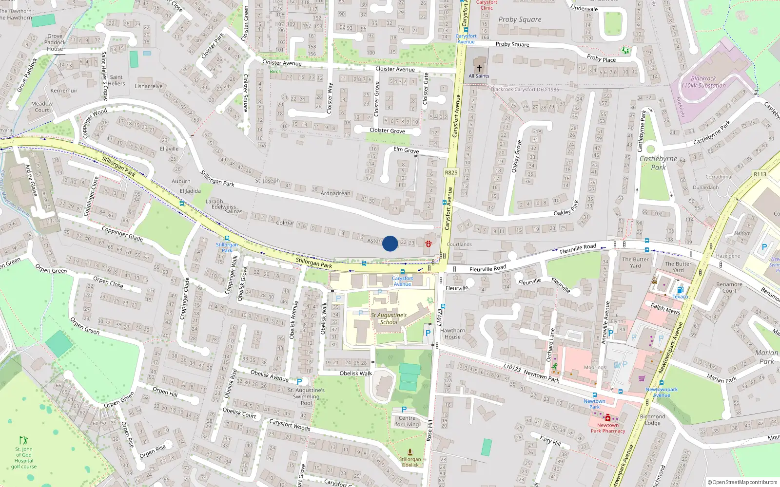 Overhead map showing the location of 20 Stillorgan Park, Dublin