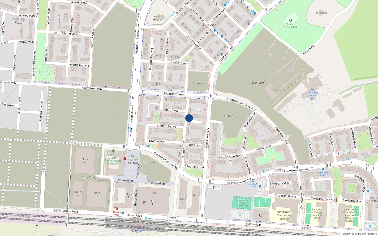 Overhead map showing the location of 20 Stratton Drive, Adamstown Square, Lucan