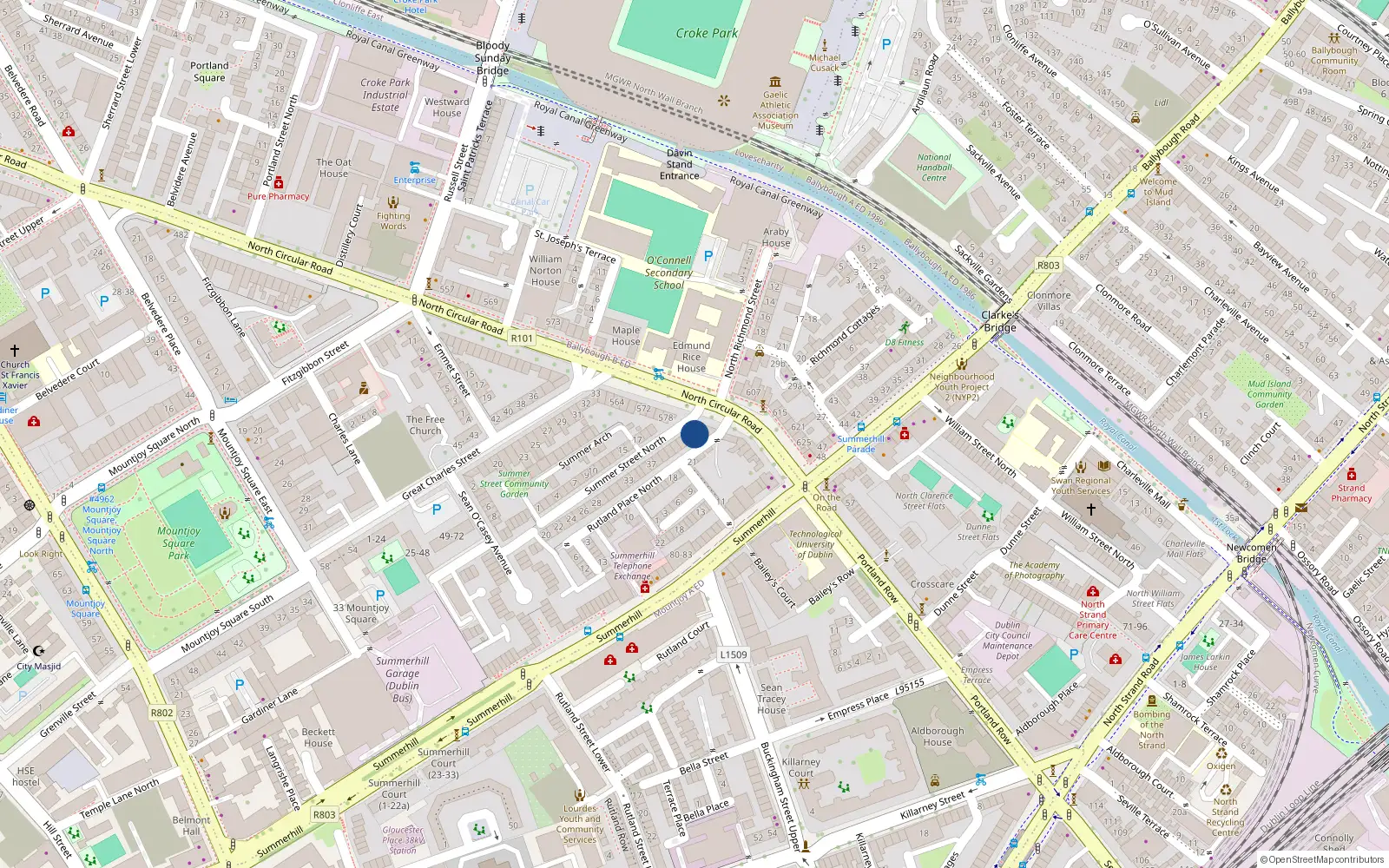 Overhead map showing the location of 20 Summer Street North, Dublin 1, Dublin