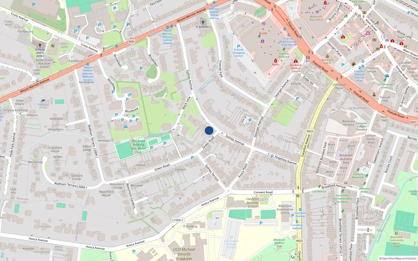 Overhead map showing the location of 20 Sydney Avenue, Blackrock, Dublin