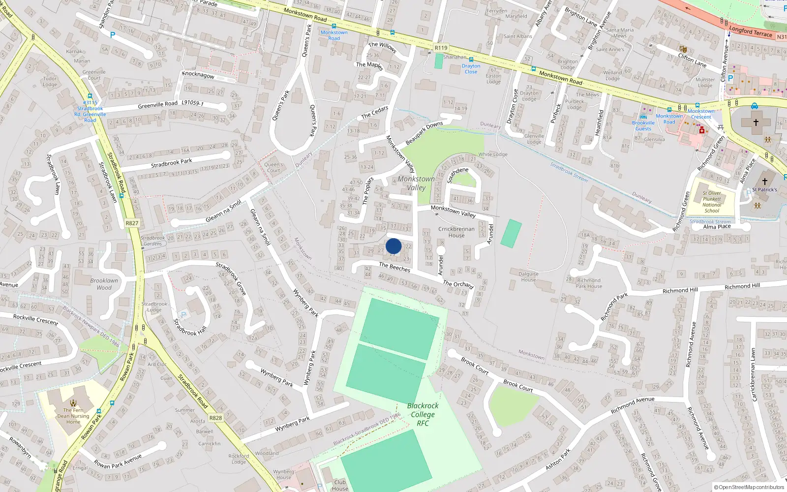 Overhead map showing the location of 20 The Beeches, Monkstown